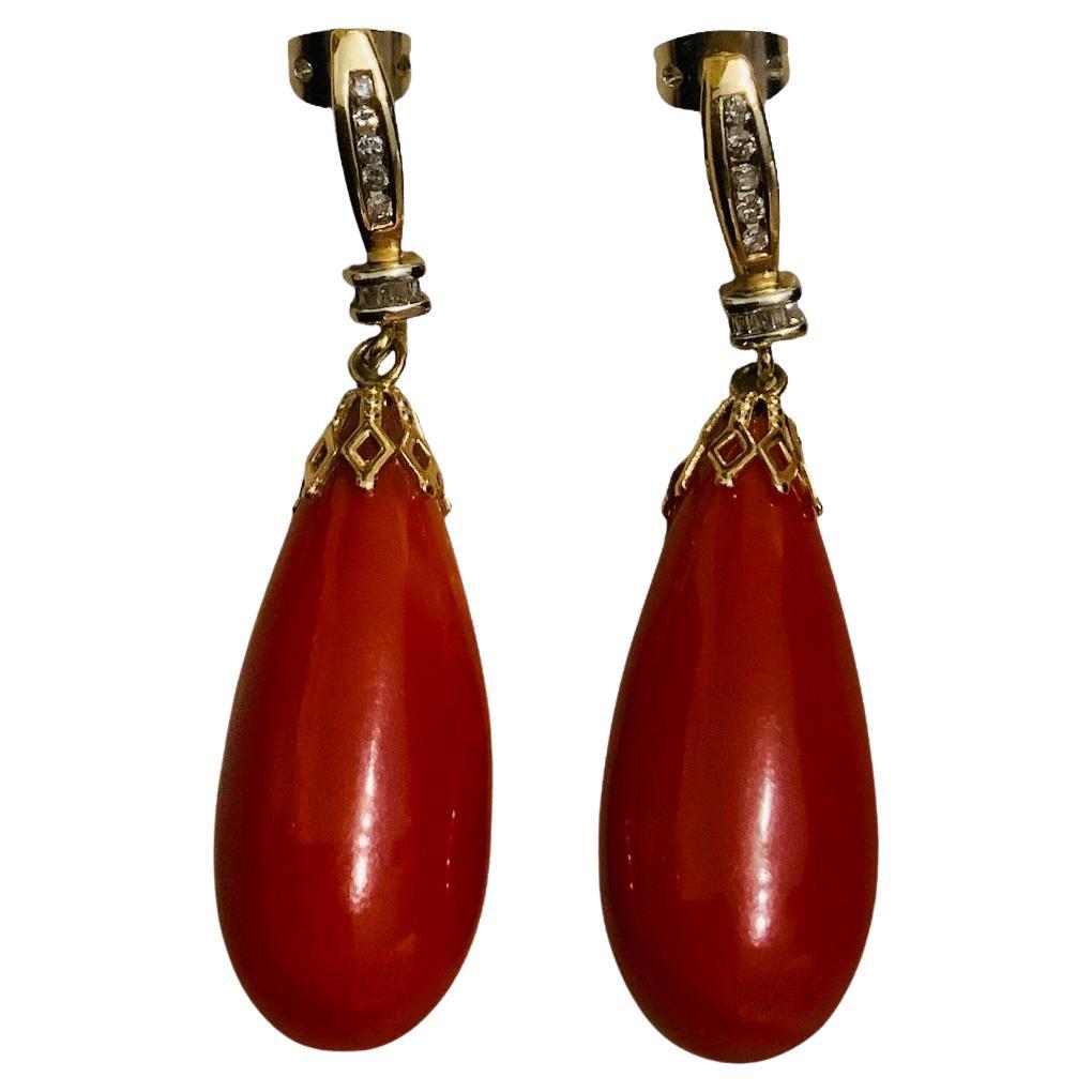 14k Yellow Gold Coral and Diamonds Pair of Drop Earrings