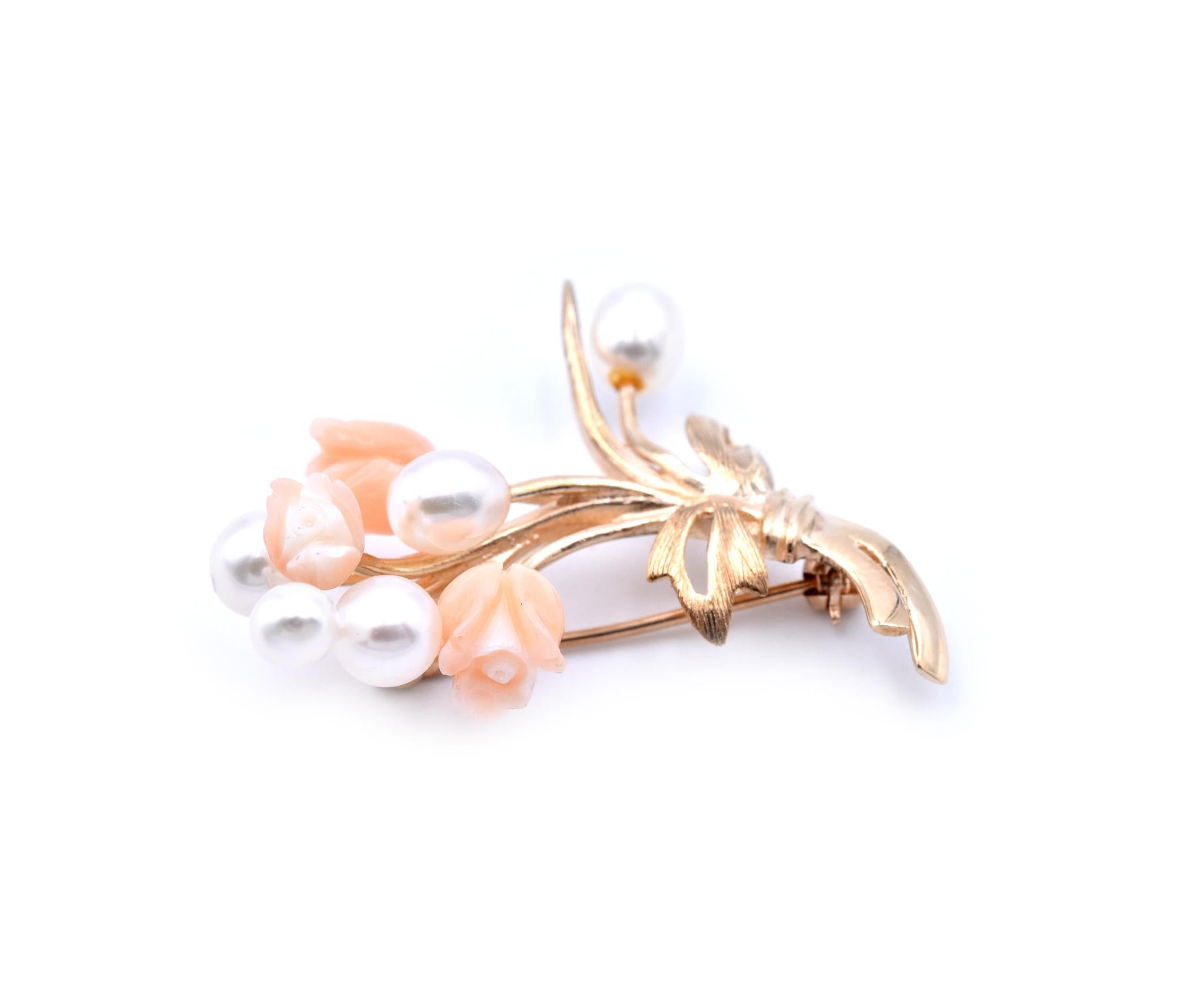 14 Karat Yellow Gold Coral and Pearl Brooch In Excellent Condition In Scottsdale, AZ