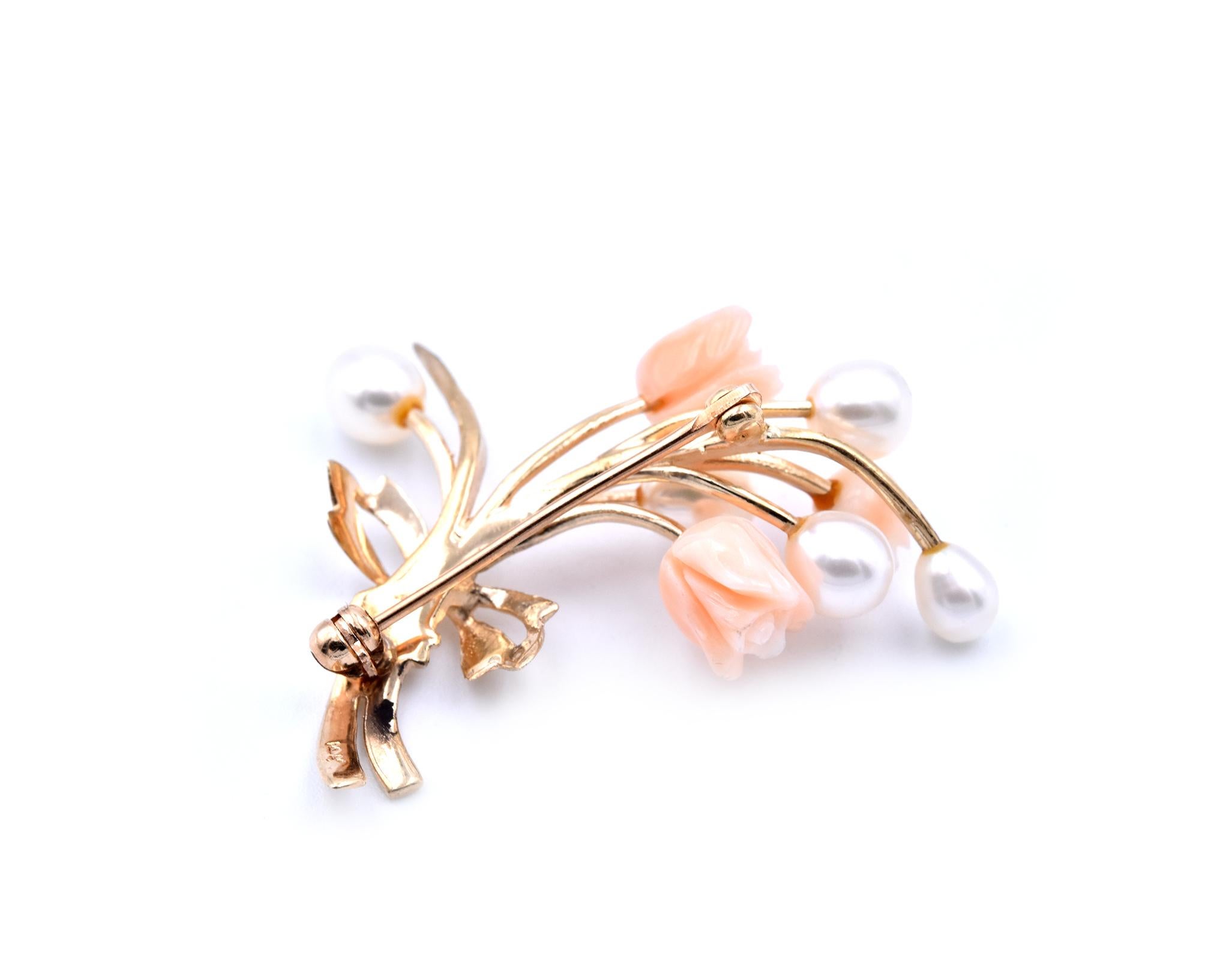 Women's or Men's 14 Karat Yellow Gold Coral and Pearl Brooch