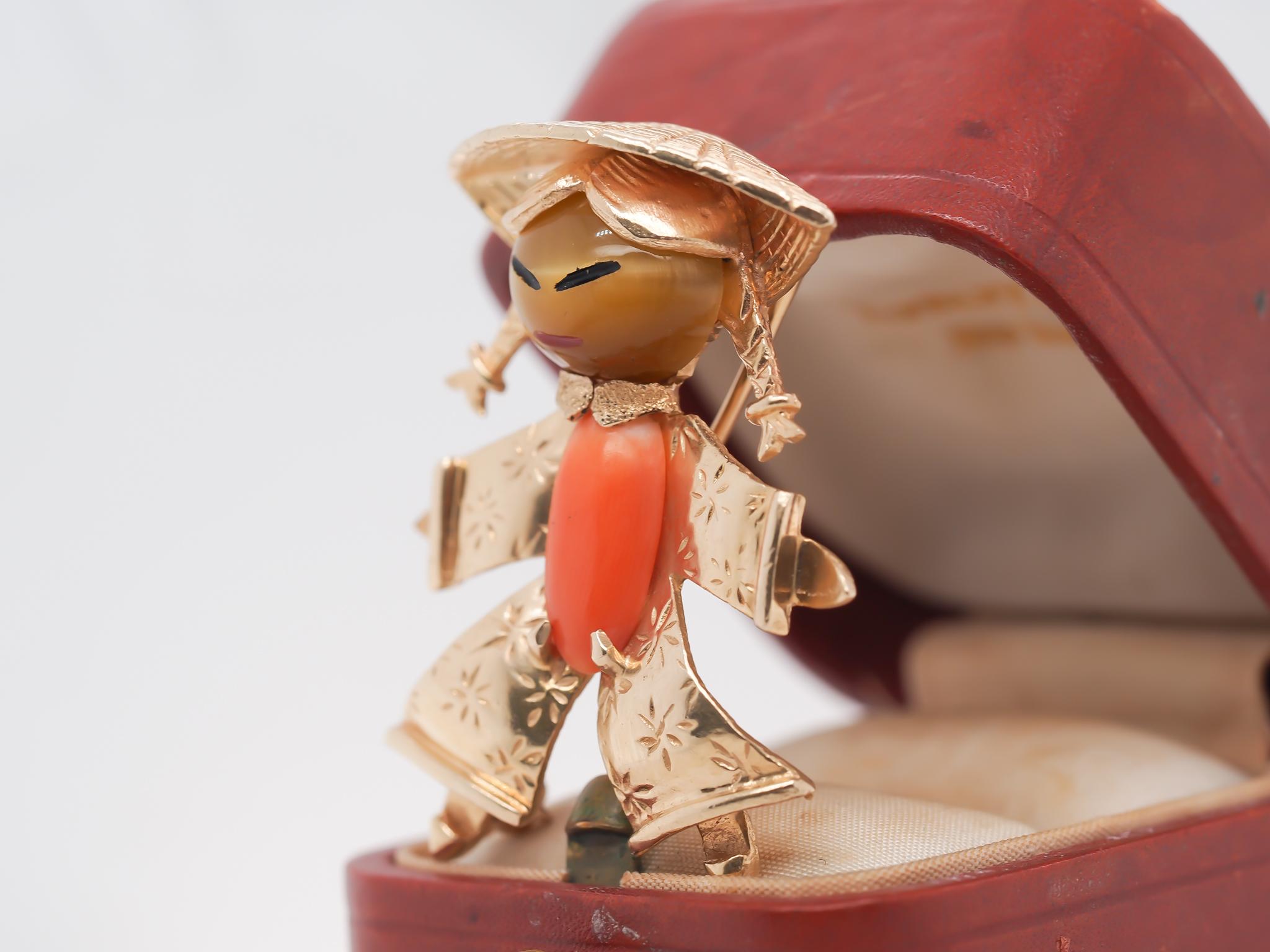 14K Yellow Gold Coral and Tigers Eye Brooch of Person For Sale 6