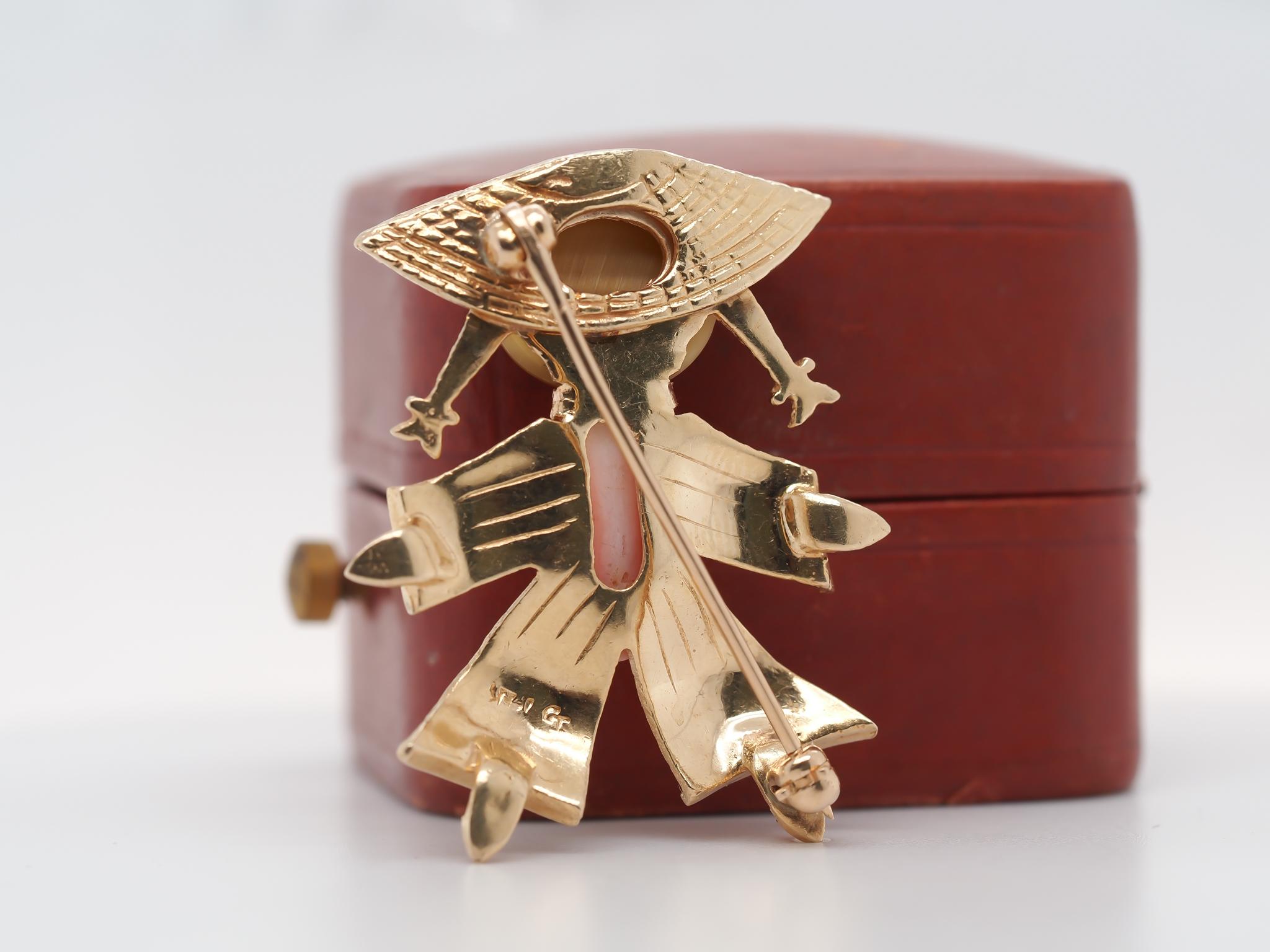 Women's or Men's 14K Yellow Gold Coral and Tigers Eye Brooch of Person For Sale