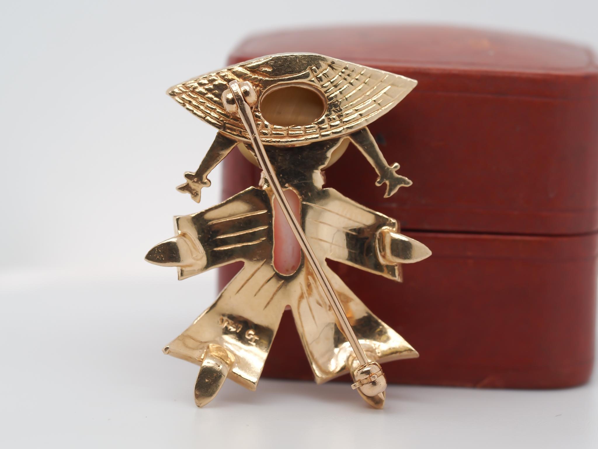 14K Yellow Gold Coral and Tigers Eye Brooch of Person For Sale 3