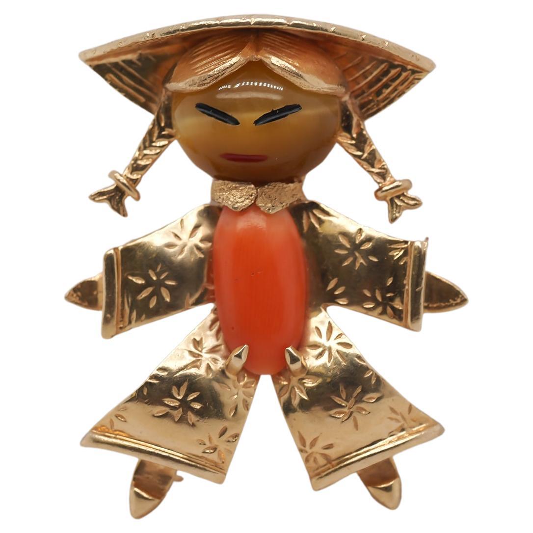 14K Yellow Gold Coral and Tigers Eye Brooch of Person For Sale