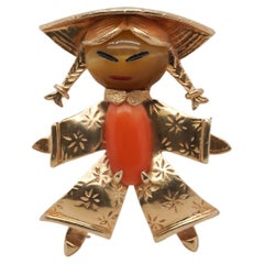 Antique 14K Yellow Gold Coral and Tigers Eye Brooch of Person