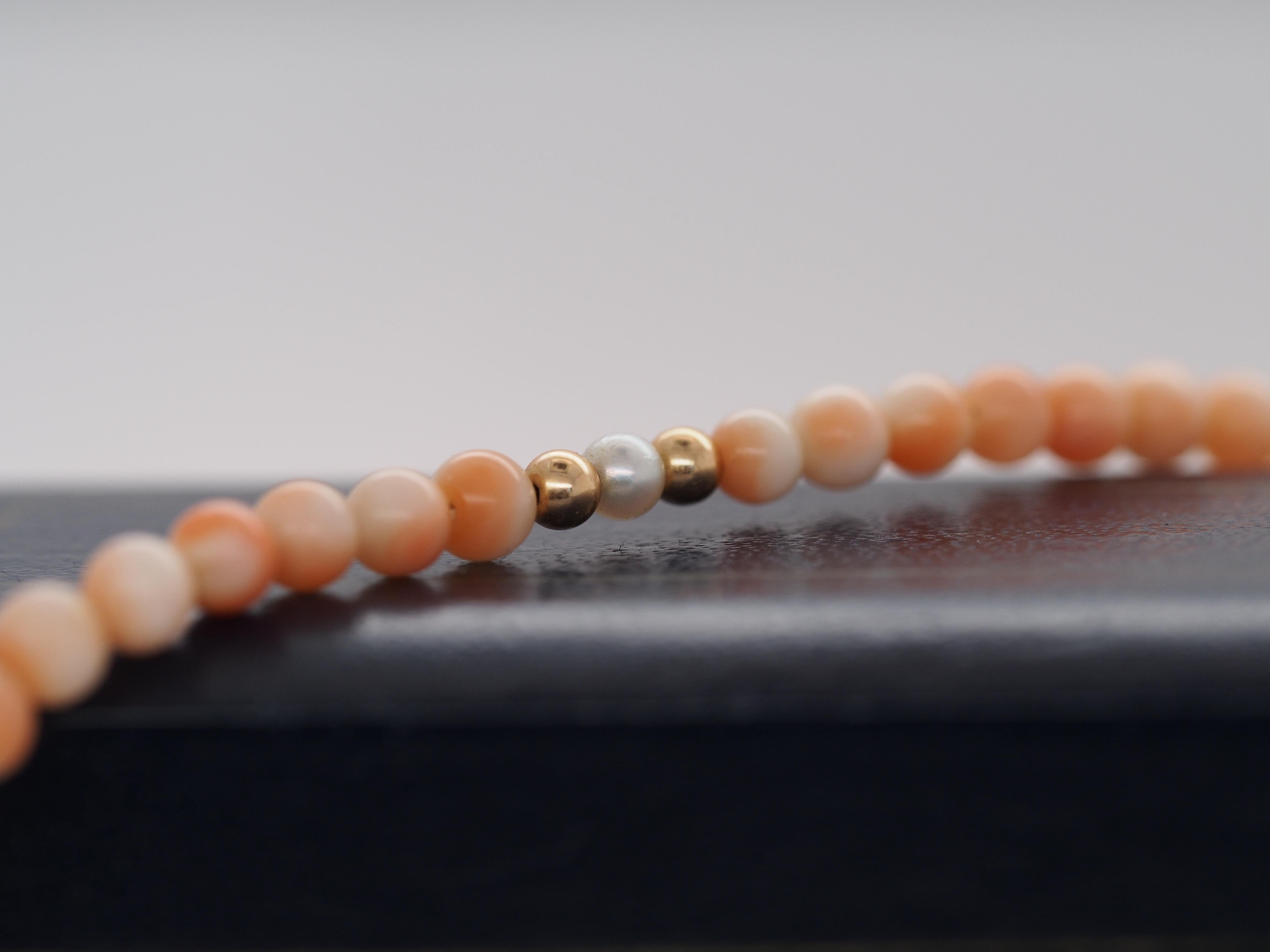 14k Yellow Gold Coral Bead Necklace with 14k Beads and Pearls For Sale 1
