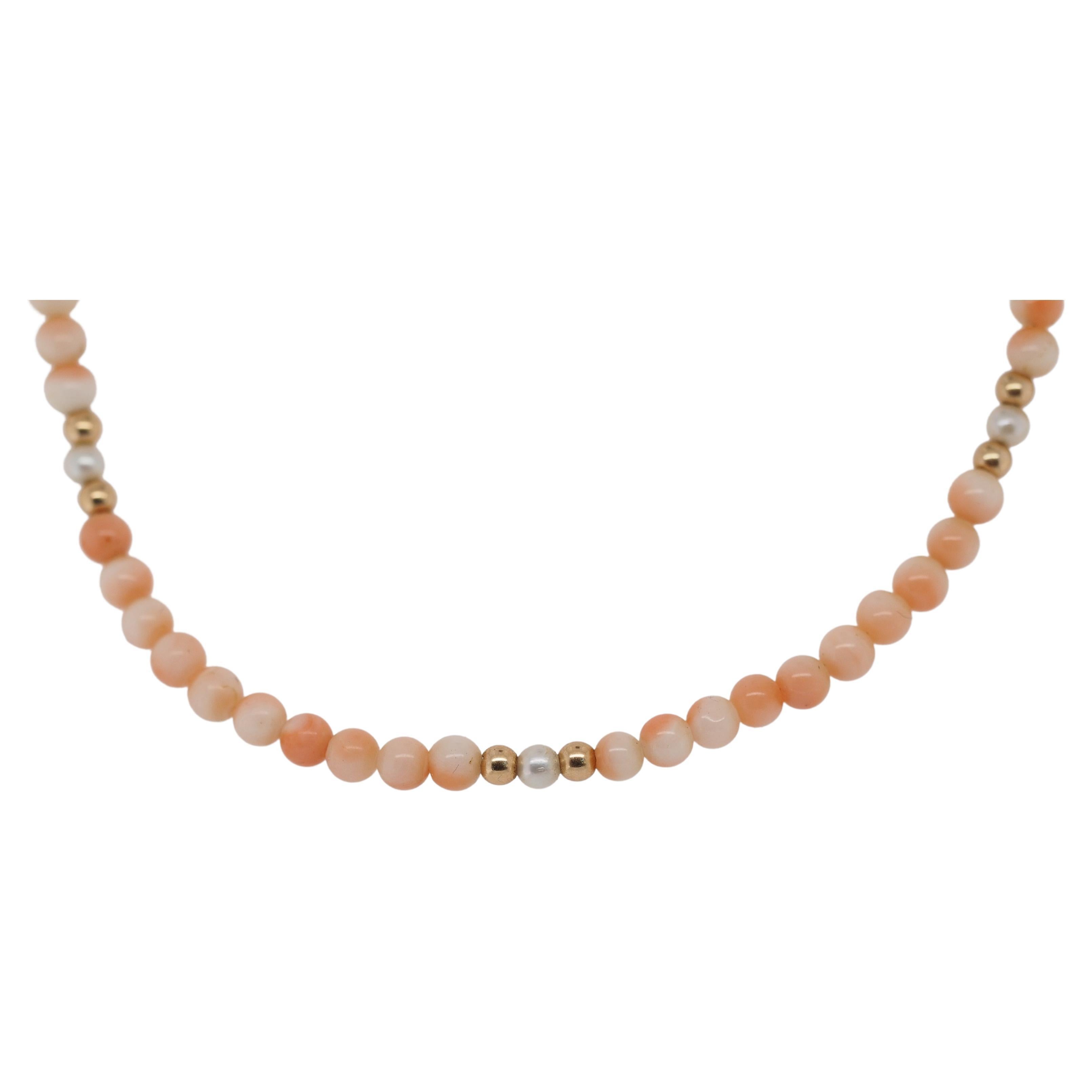 14k Yellow Gold Coral Bead Necklace with 14k Beads and Pearls For Sale