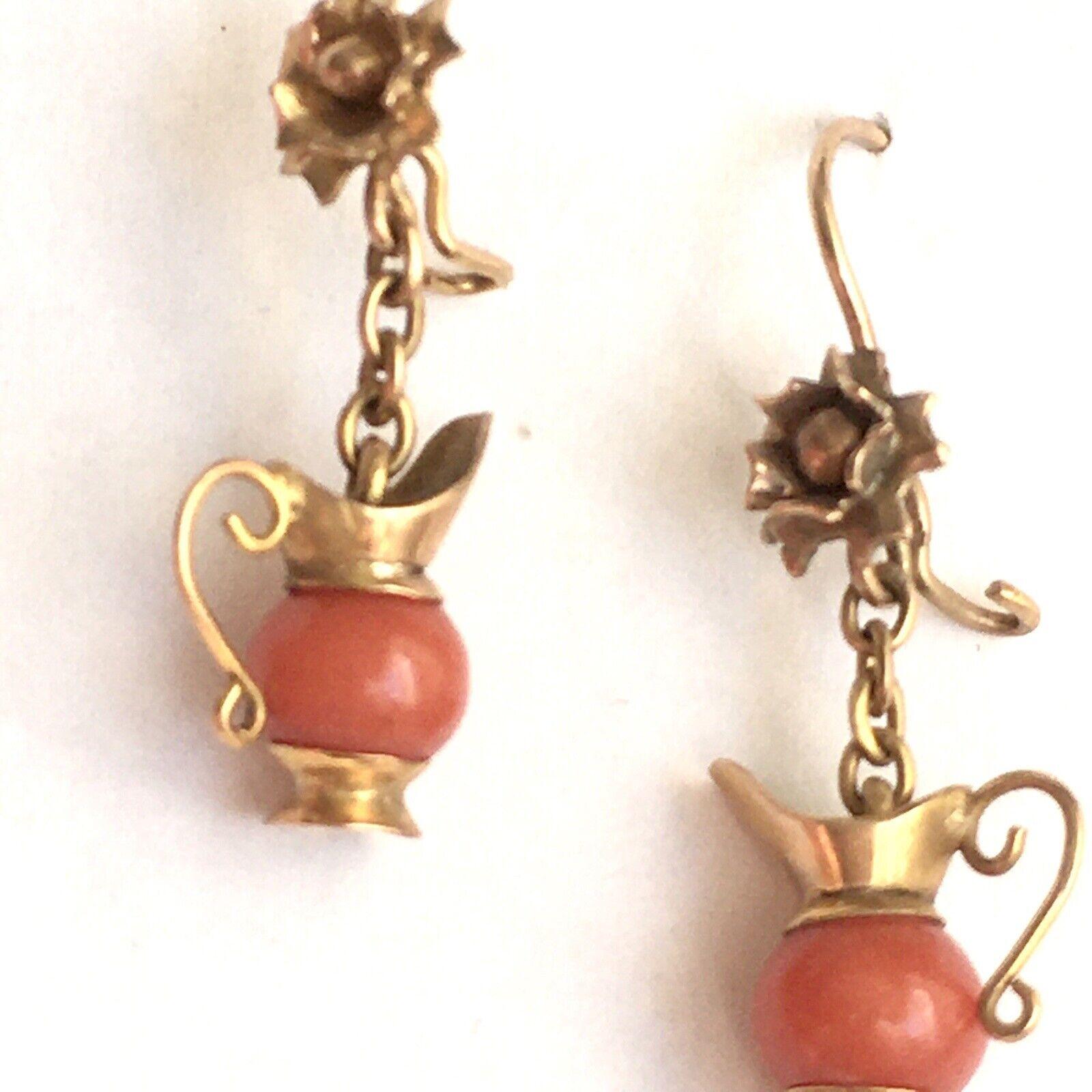 Bead 14K Yellow Gold Coral Dangling Art Deco Earrings 30s Handmade American