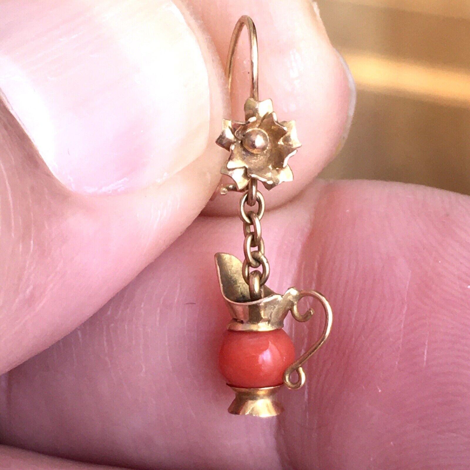 14K Yellow Gold Coral Dangling Art Deco Earrings 30s Handmade American 1