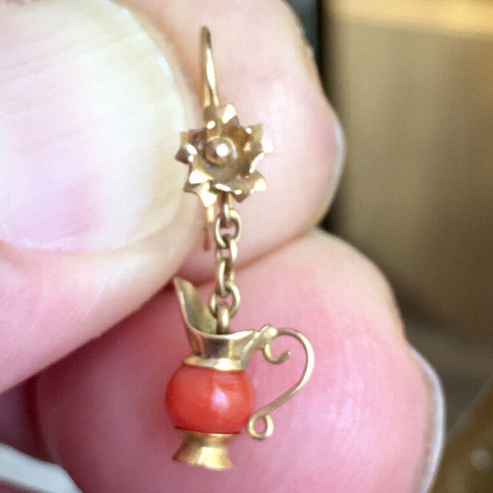 14K Yellow Gold Coral Dangling Art Deco Earrings 30s Handmade American For Sale 2