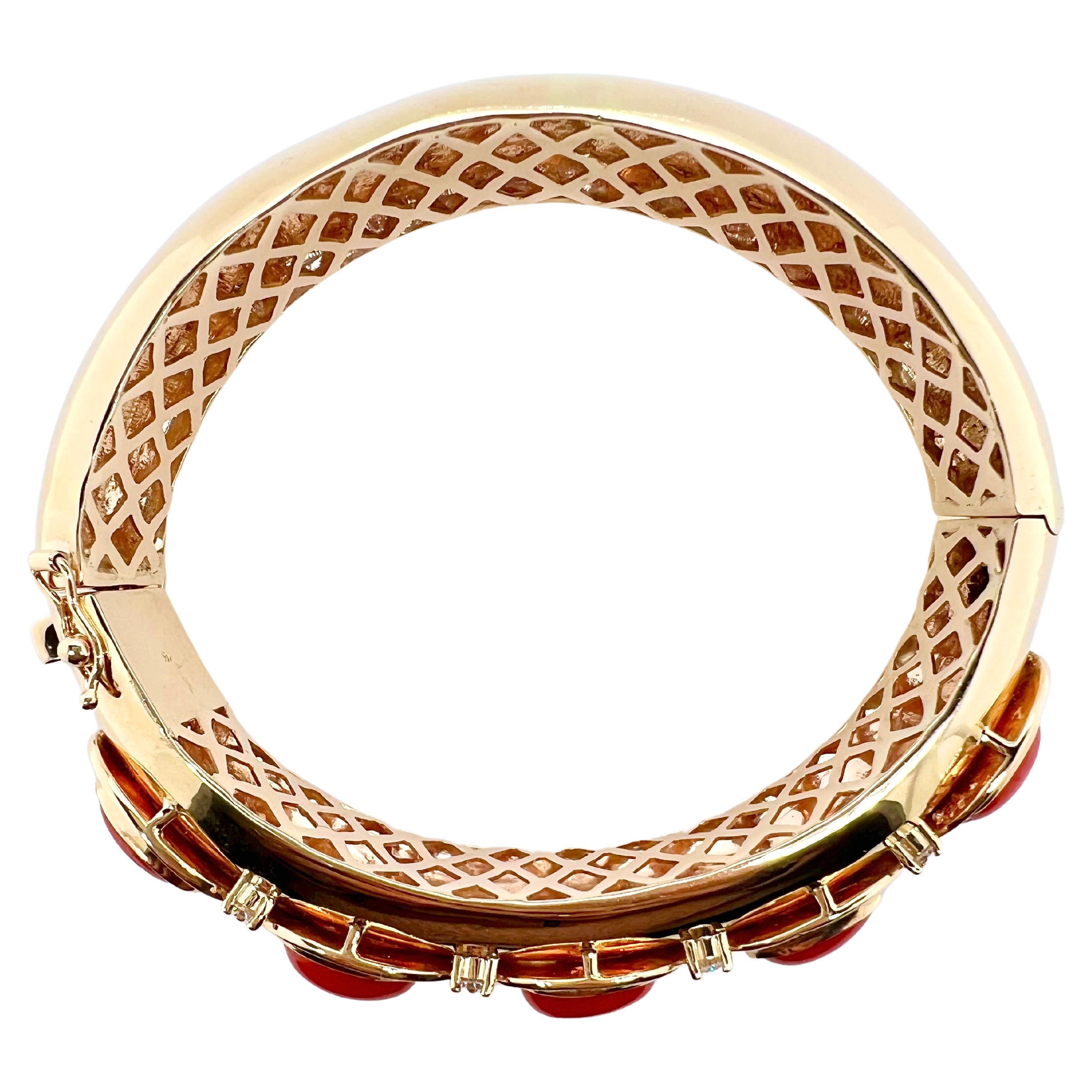Contemporary 14k Yellow Gold Coral & Diamond Handmade Bangle For Sale