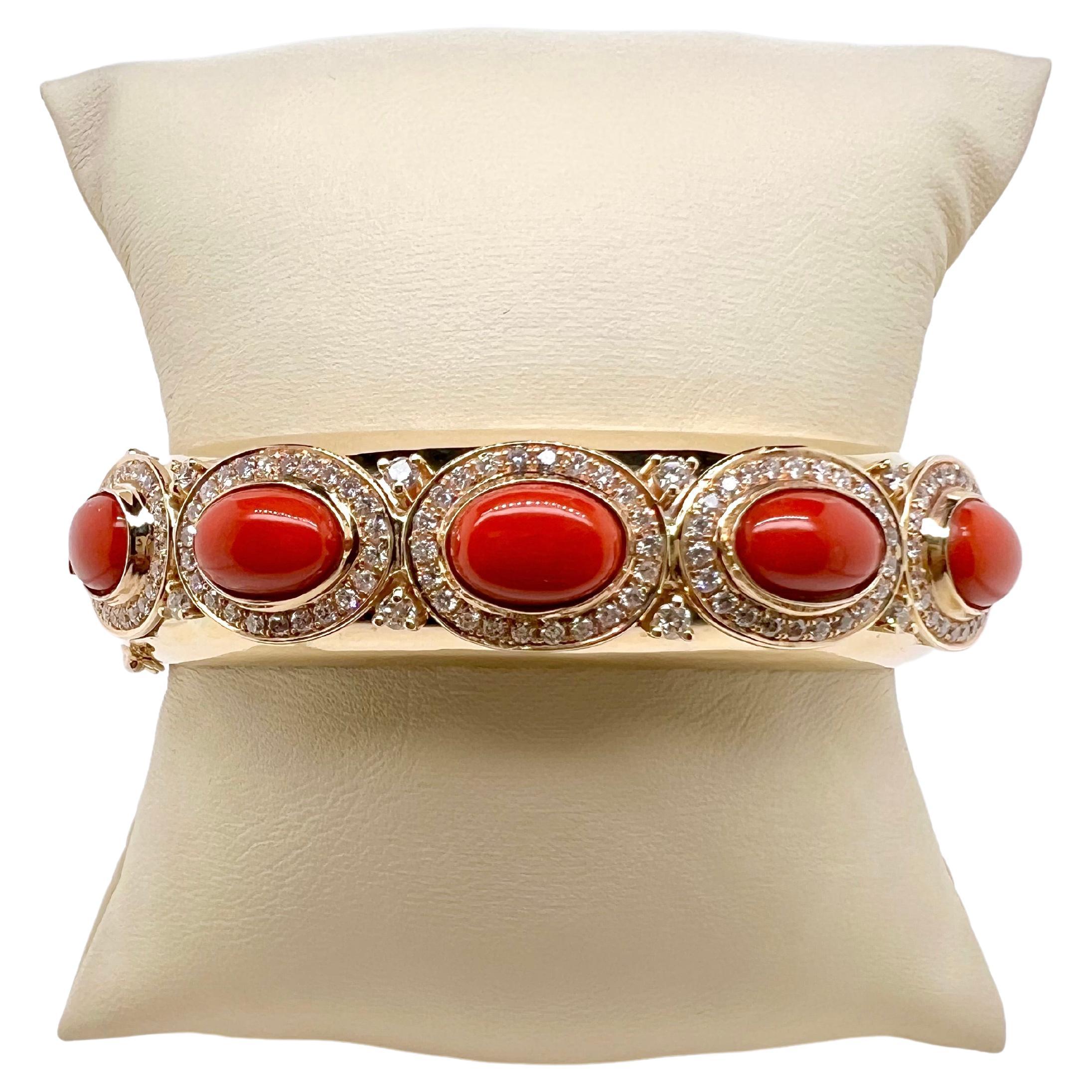 Brilliant Cut 14k Yellow Gold Coral & Diamond Handmade Bangle For Sale