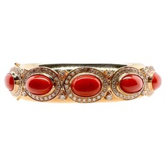 14k Yellow Gold Coral & Diamond Handmade Bangle