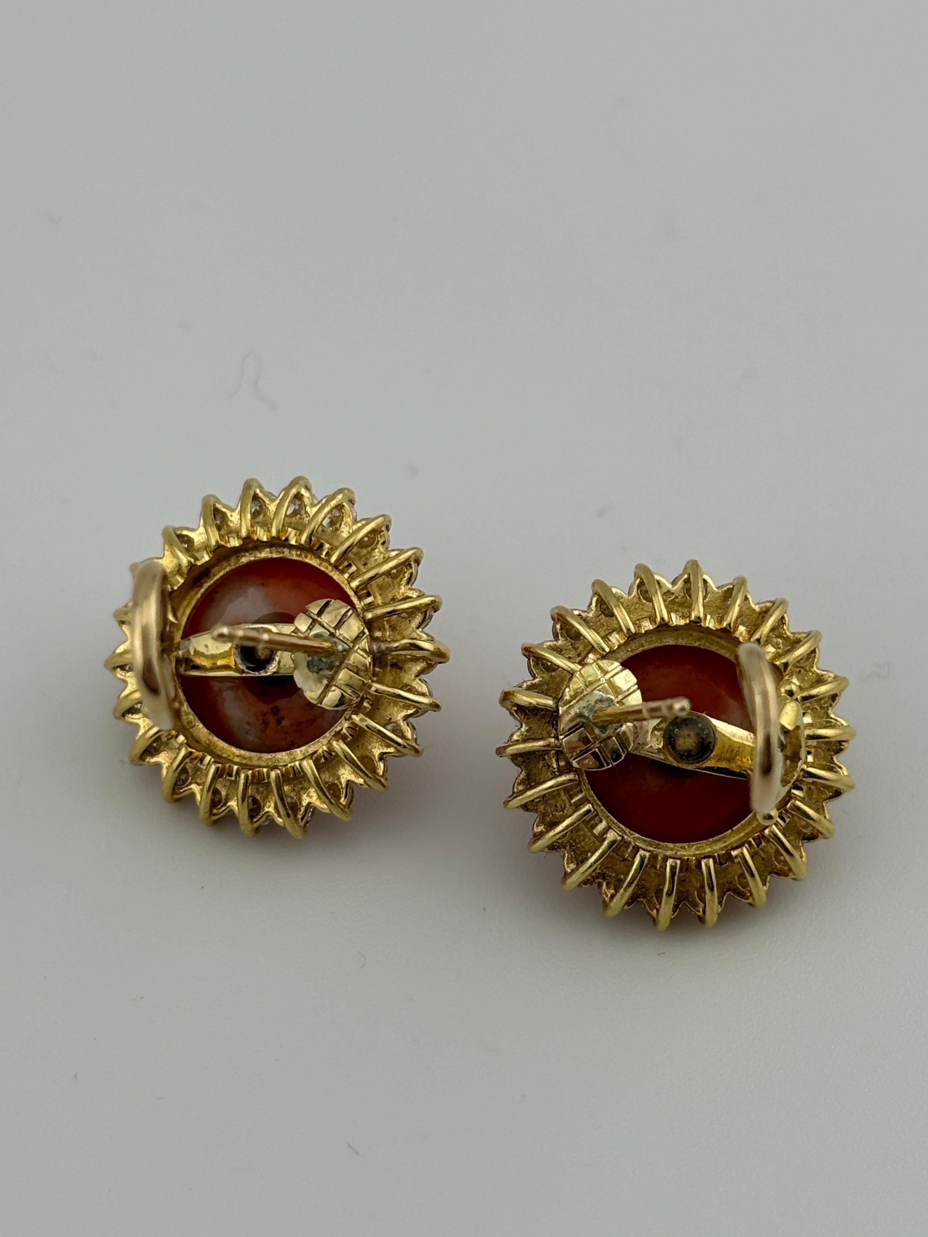 14k Yellow Gold Coral & Diamond Omega Back Earrings For Sale 4