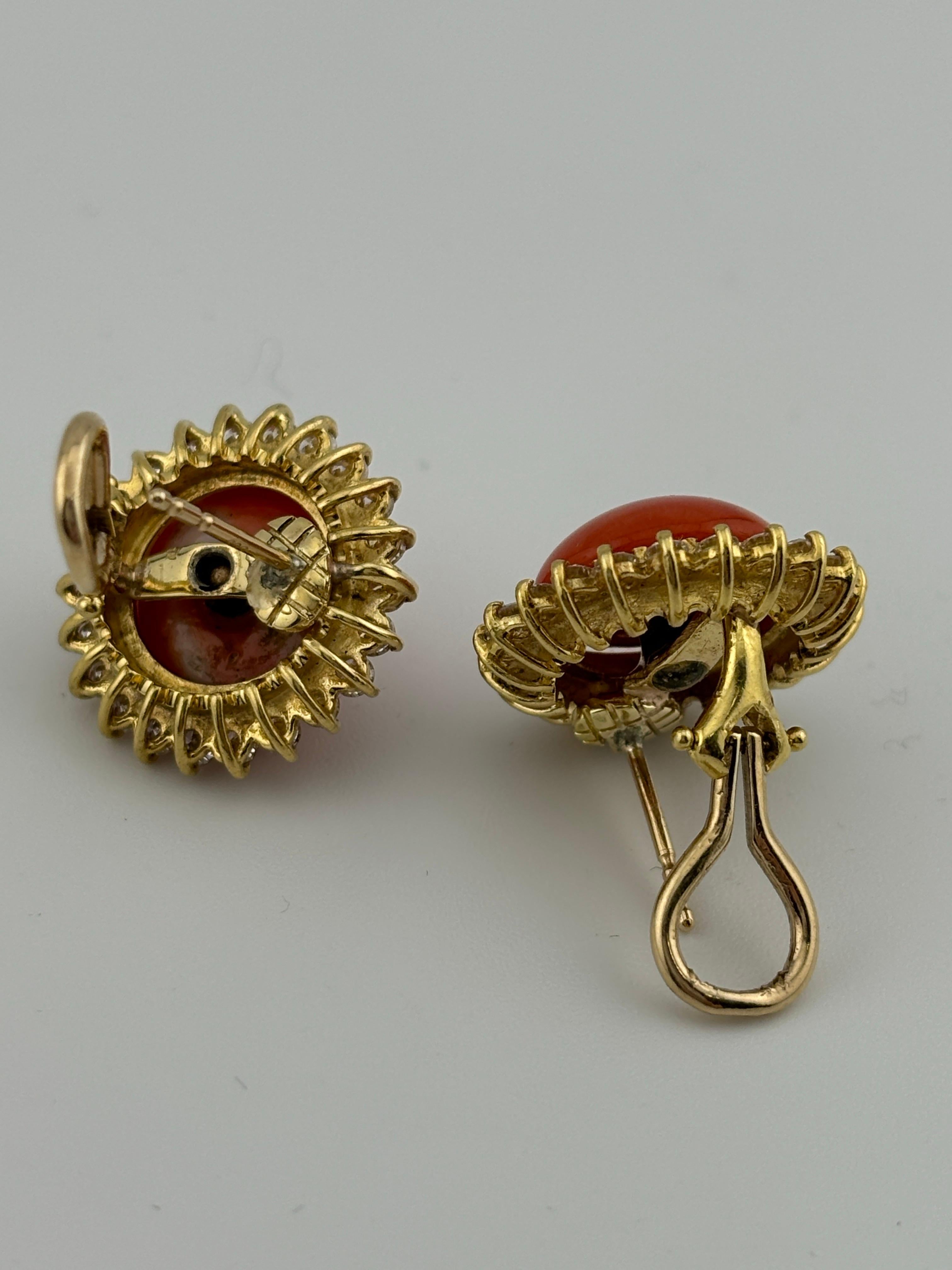 14k Yellow Gold Coral & Diamond Omega Back Earrings For Sale 5