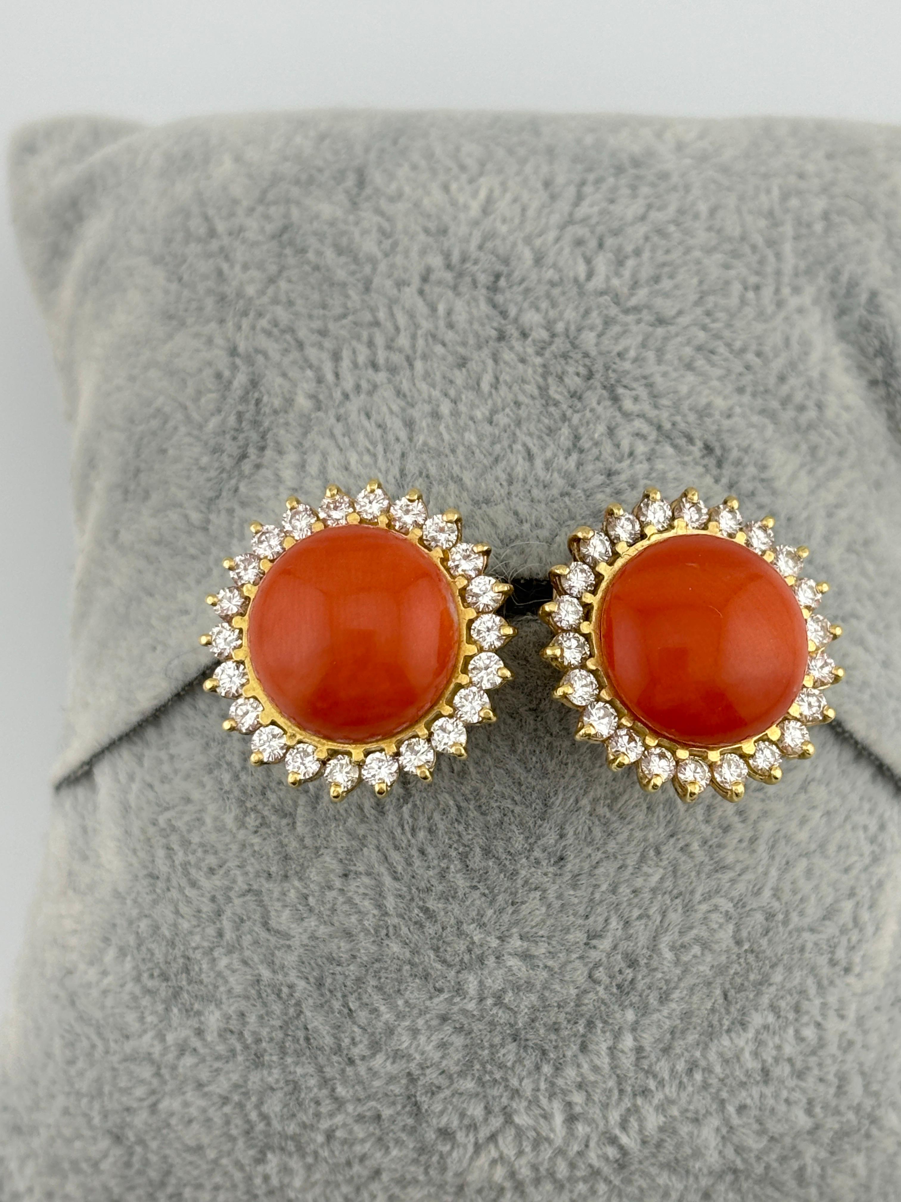 14k Yellow Gold Coral & Diamond Omega Back Earrings For Sale 6
