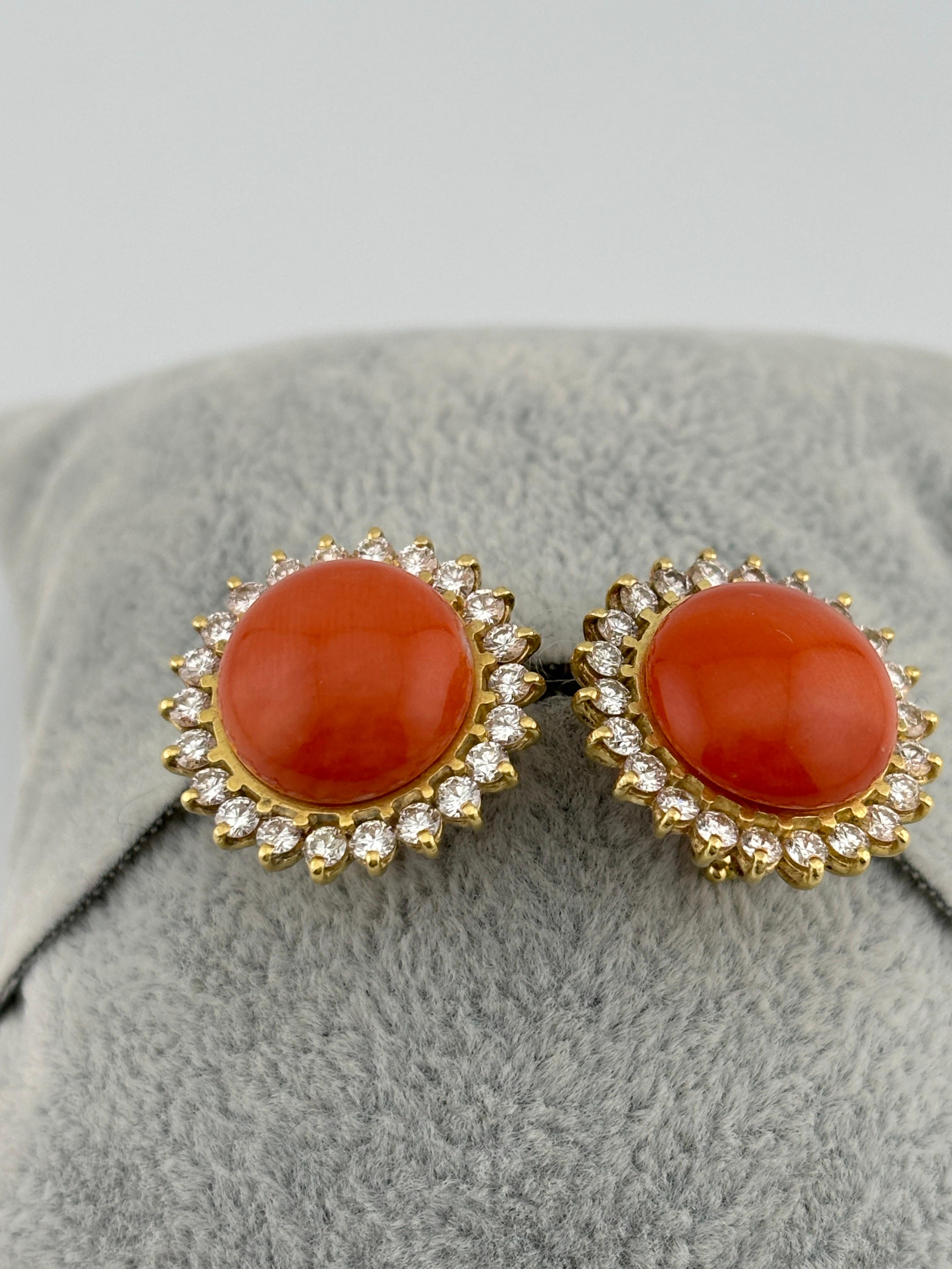 14k Yellow Gold Coral & Diamond Omega Back Earrings For Sale 7