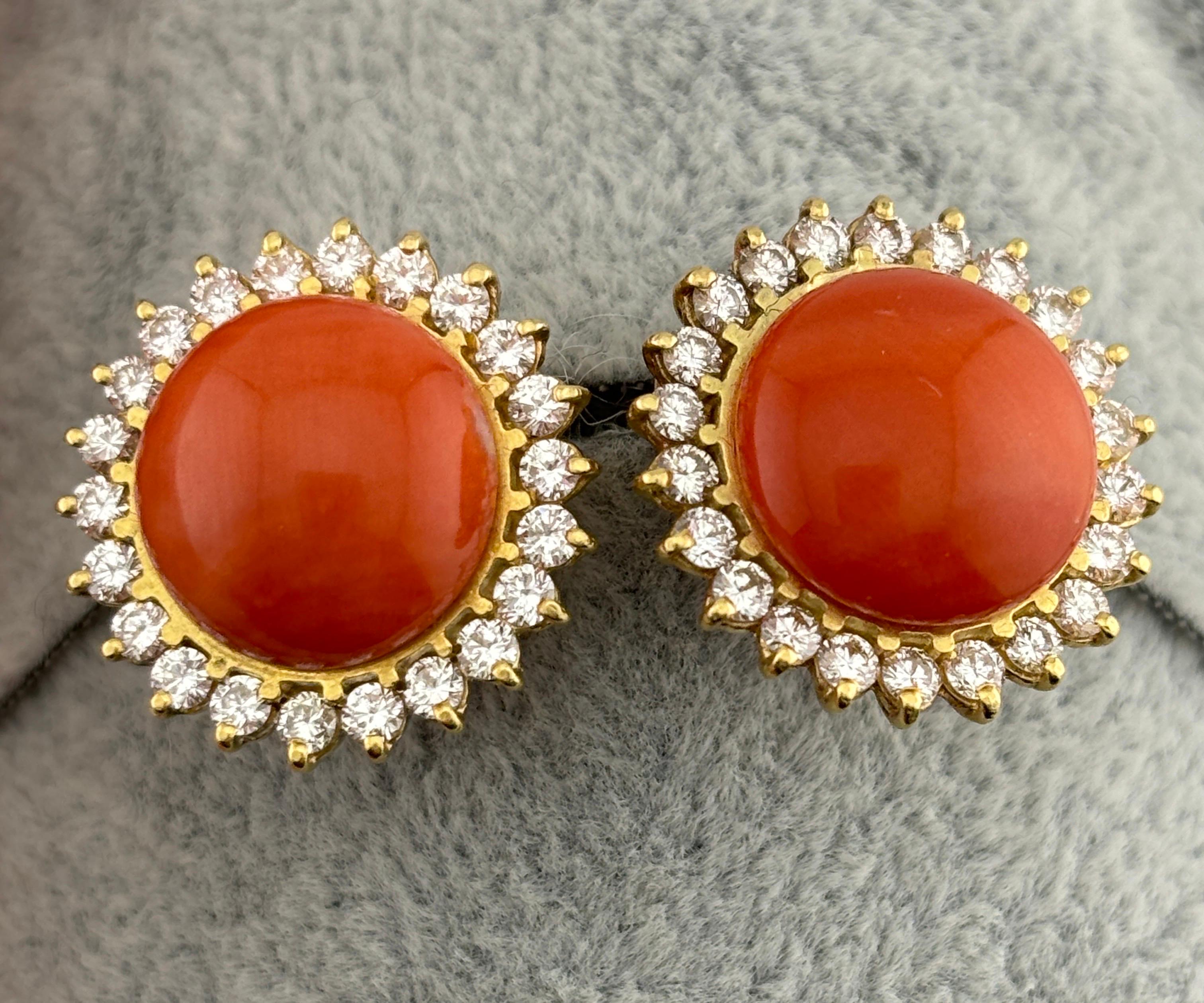 14k Yellow Gold Coral & Diamond Omega Back Earrings For Sale 8