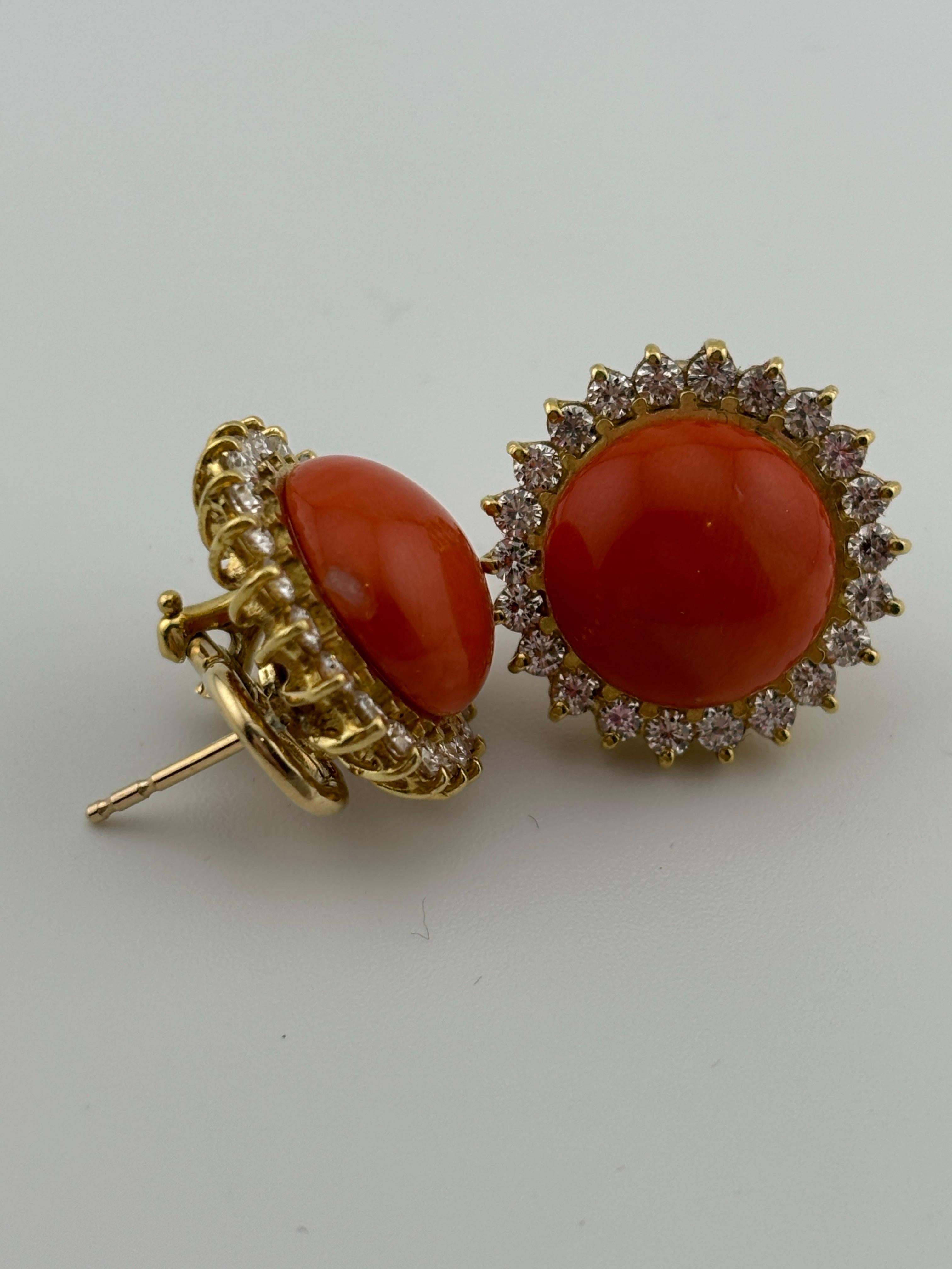 14k Yellow Gold Coral & Diamond Omega Back Earrings For Sale 9