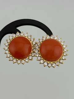 14k Yellow Gold Italian Salmon Coral & Diamond Omega Back Earrings