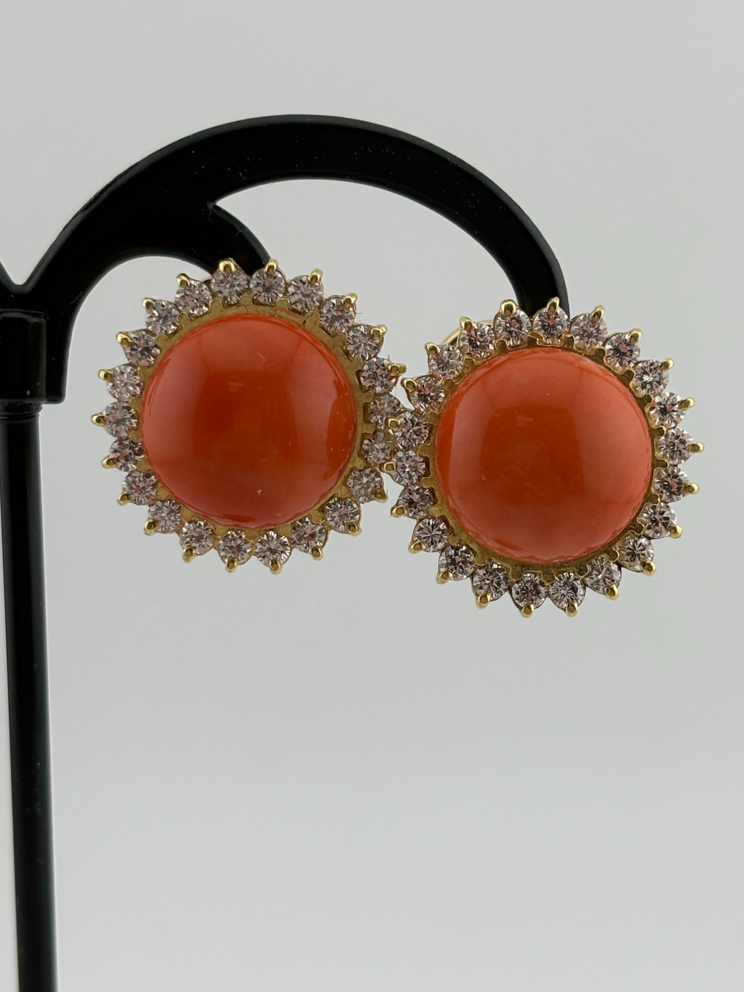Modern 14k Yellow Gold Coral & Diamond Omega Back Earrings For Sale