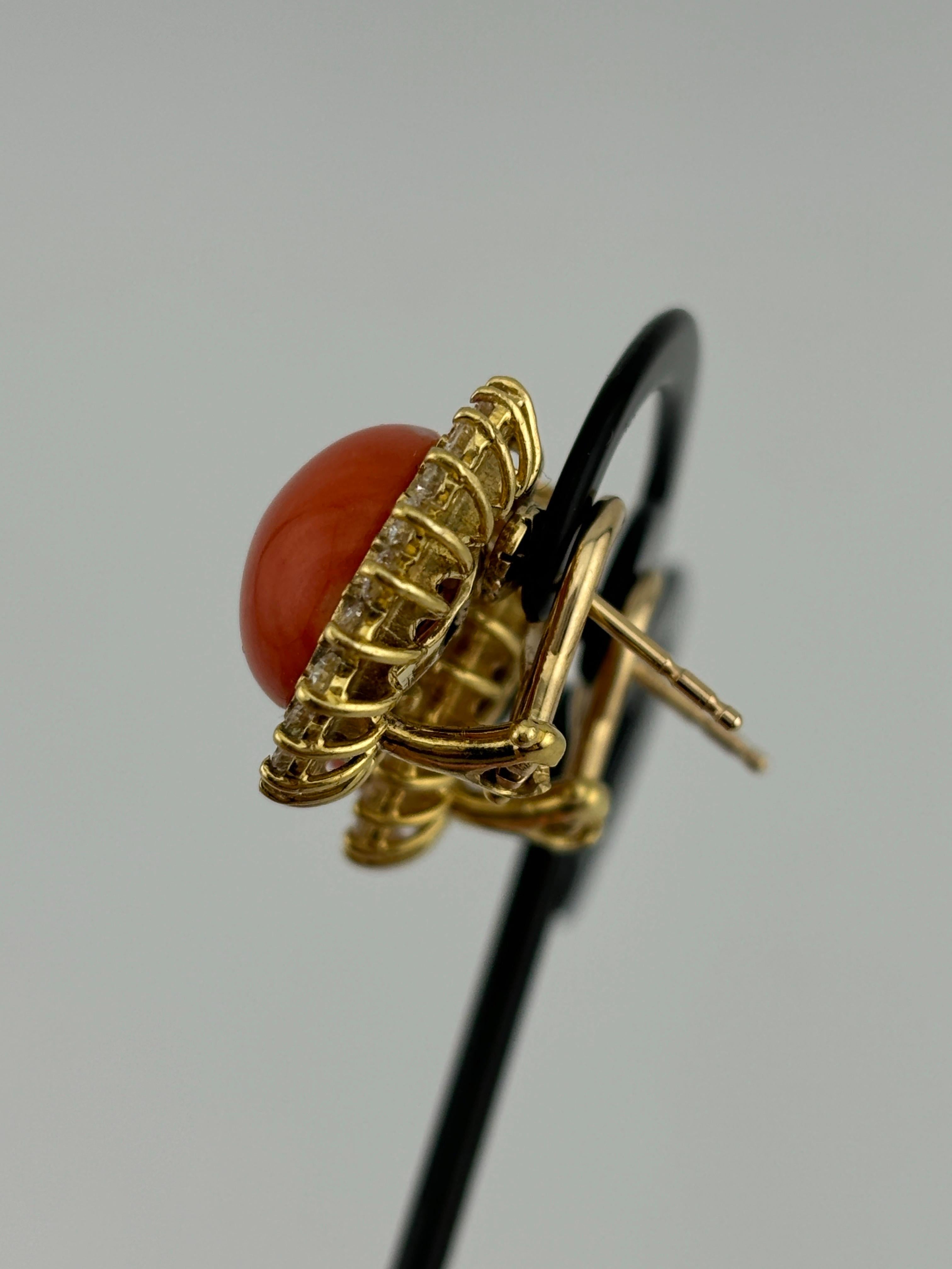 Brilliant Cut 14k Yellow Gold Coral & Diamond Omega Back Earrings For Sale