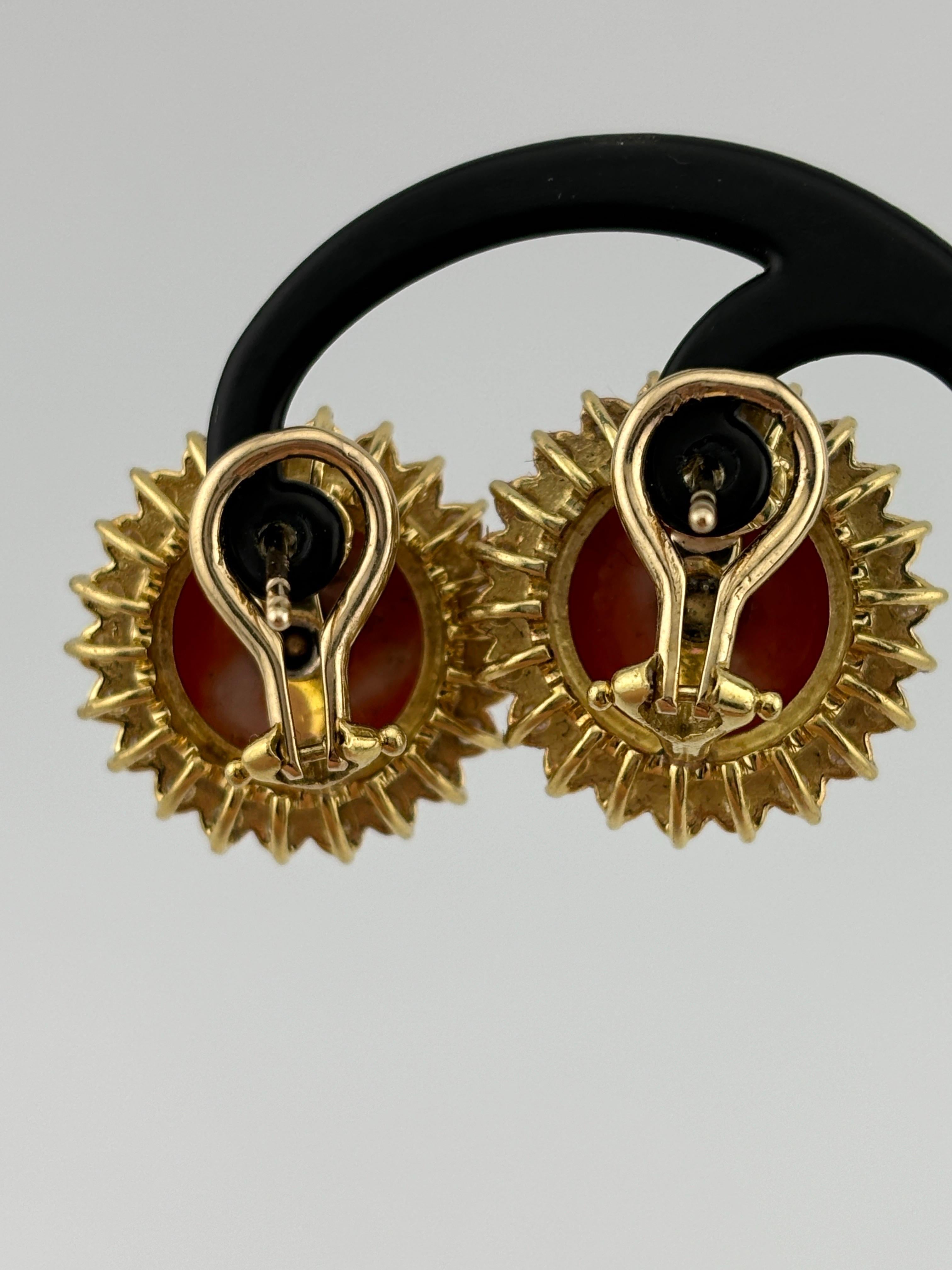 14k Yellow Gold Coral & Diamond Omega Back Earrings In Good Condition For Sale In Bernardsville, NJ