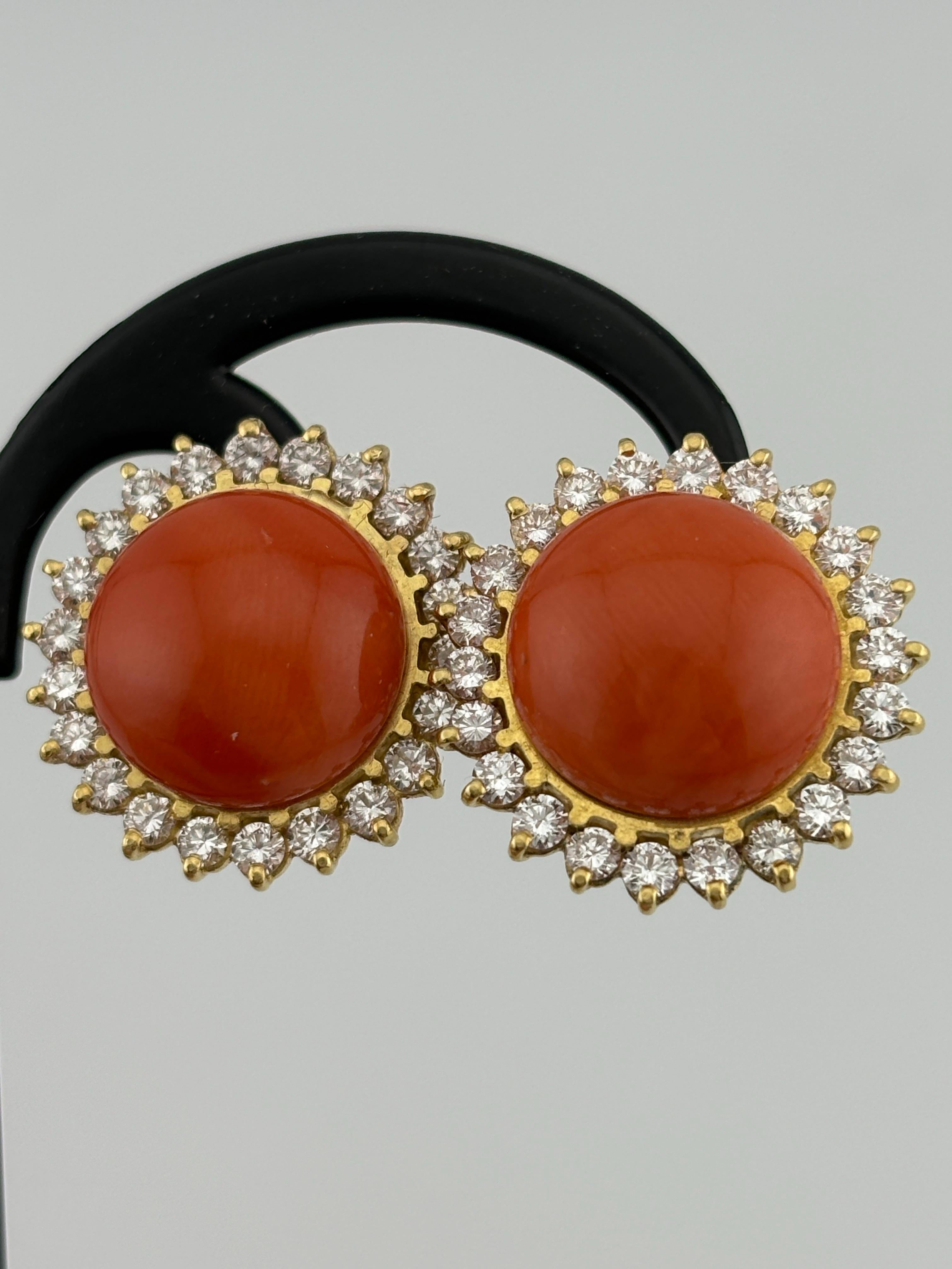 Women's or Men's 14k Yellow Gold Coral & Diamond Omega Back Earrings For Sale