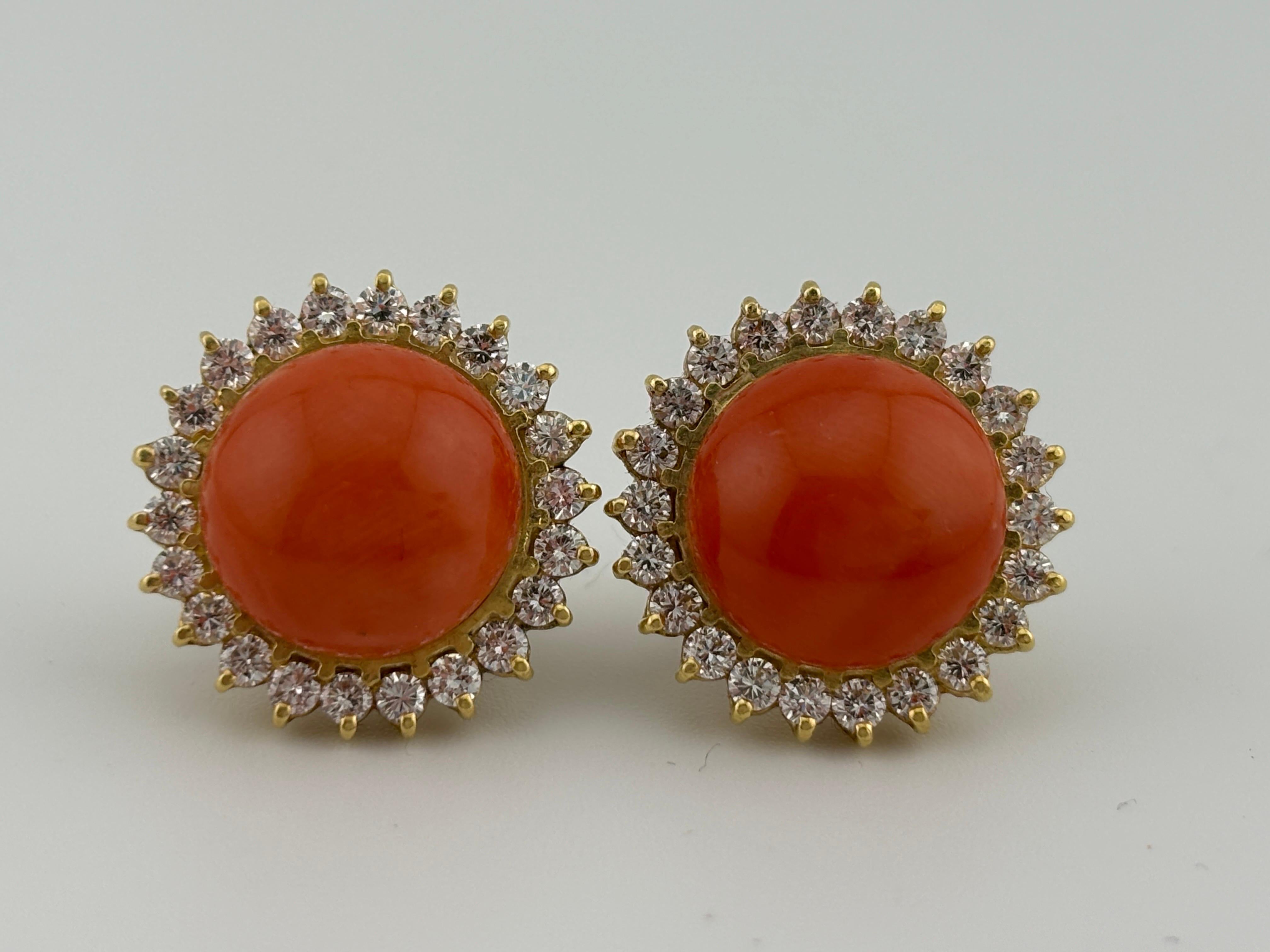 14k Yellow Gold Coral & Diamond Omega Back Earrings For Sale 1