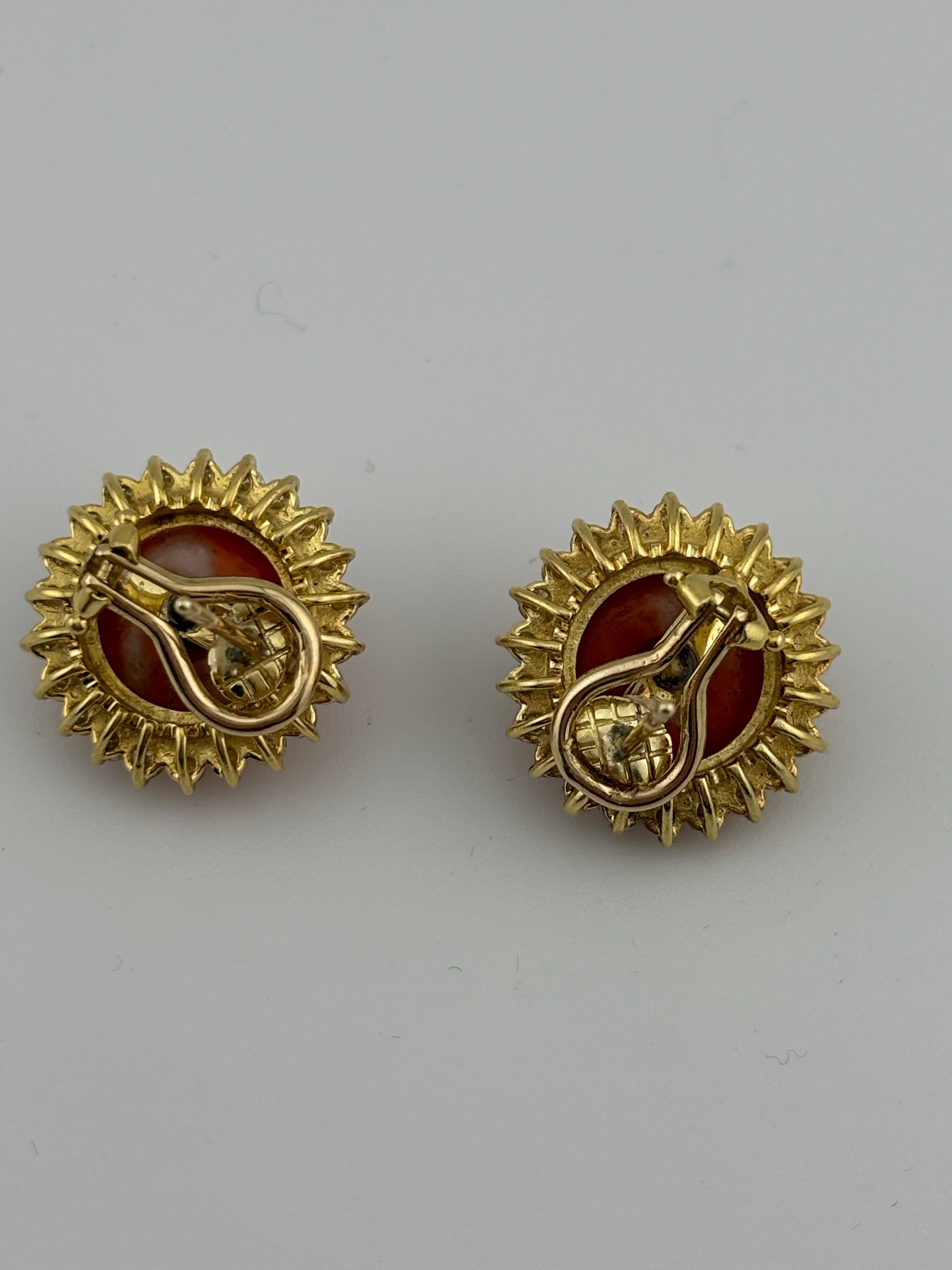 14k Yellow Gold Coral & Diamond Omega Back Earrings For Sale 2