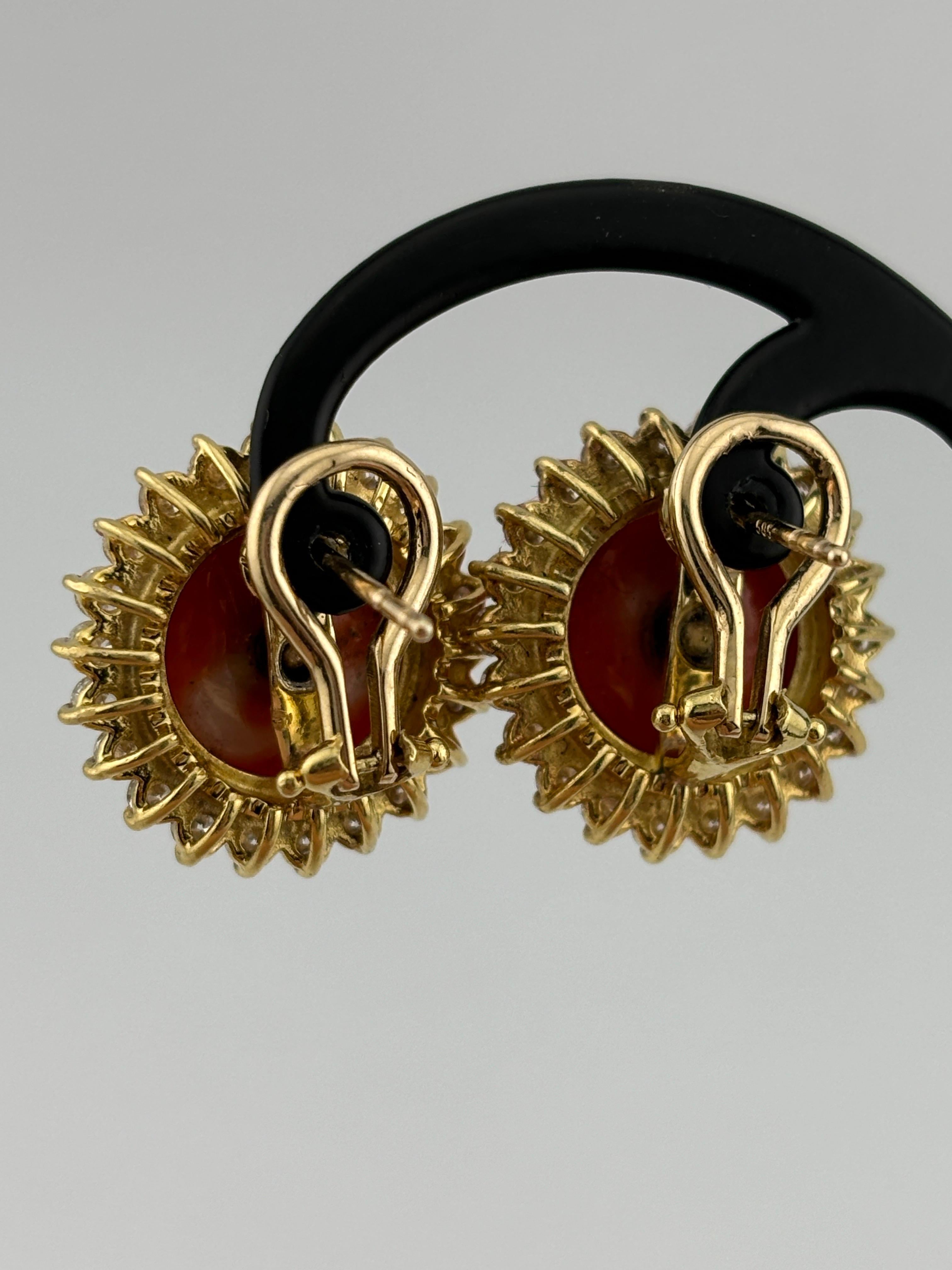 14k Yellow Gold Coral & Diamond Omega Back Earrings For Sale 3