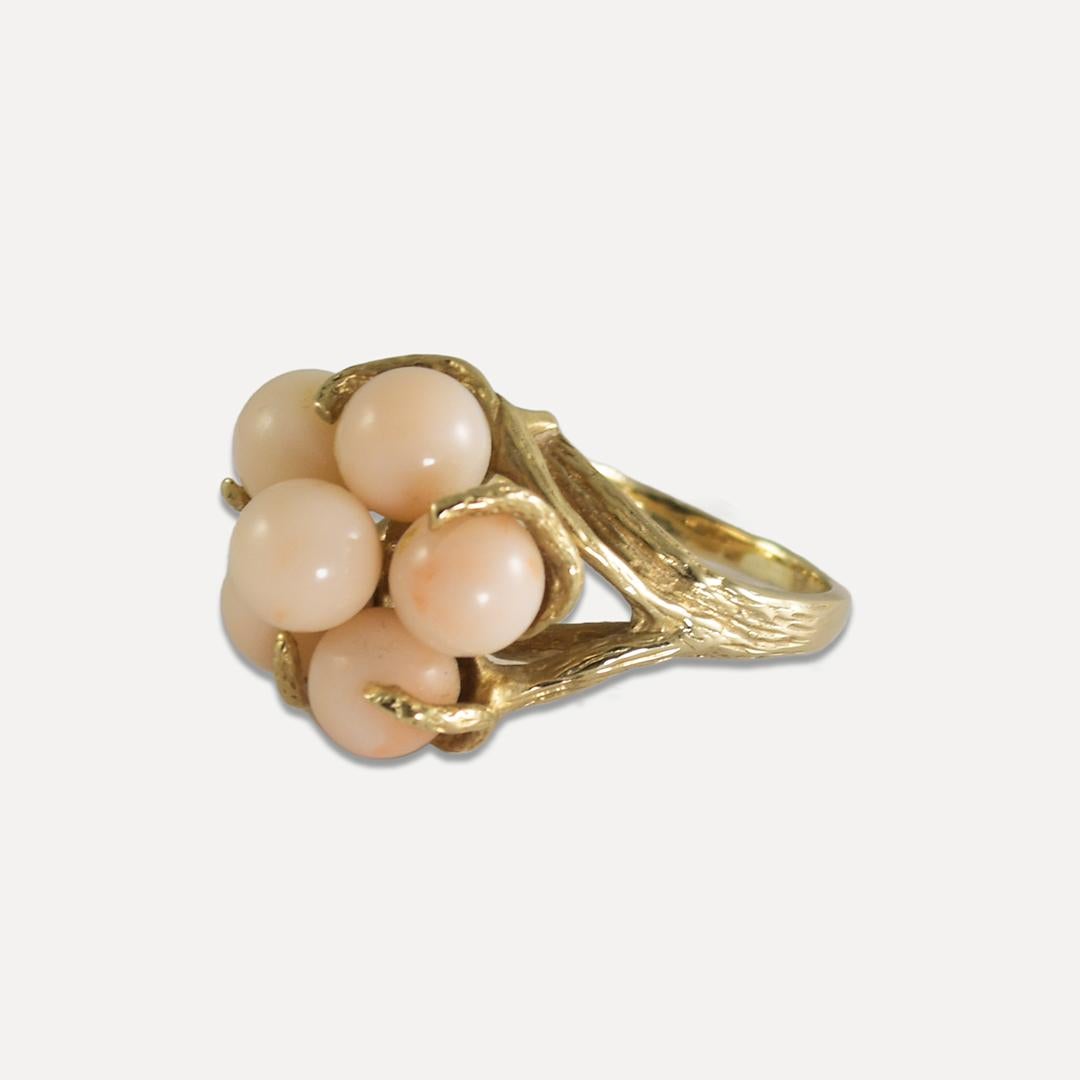 14K Yellow Gold Coral Earrings & Ring Set For Sale 2