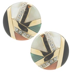 14k Yellow Gold Coral, Mother of Pearl, Marcasite, Onyx and Diamond Earrings
