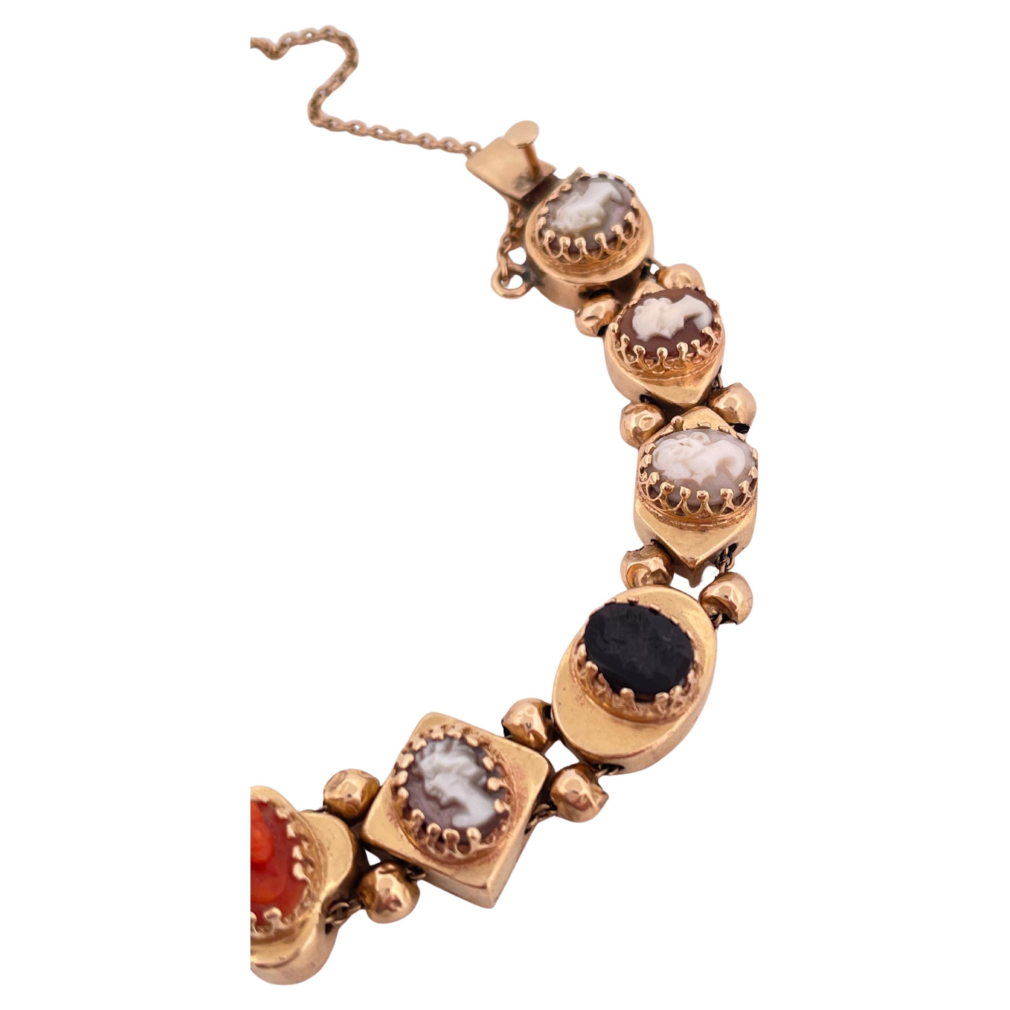 Women's or Men's 14k Yellow Gold Coral, Onyx, And Shell Slide Cameo Bracelet For Sale