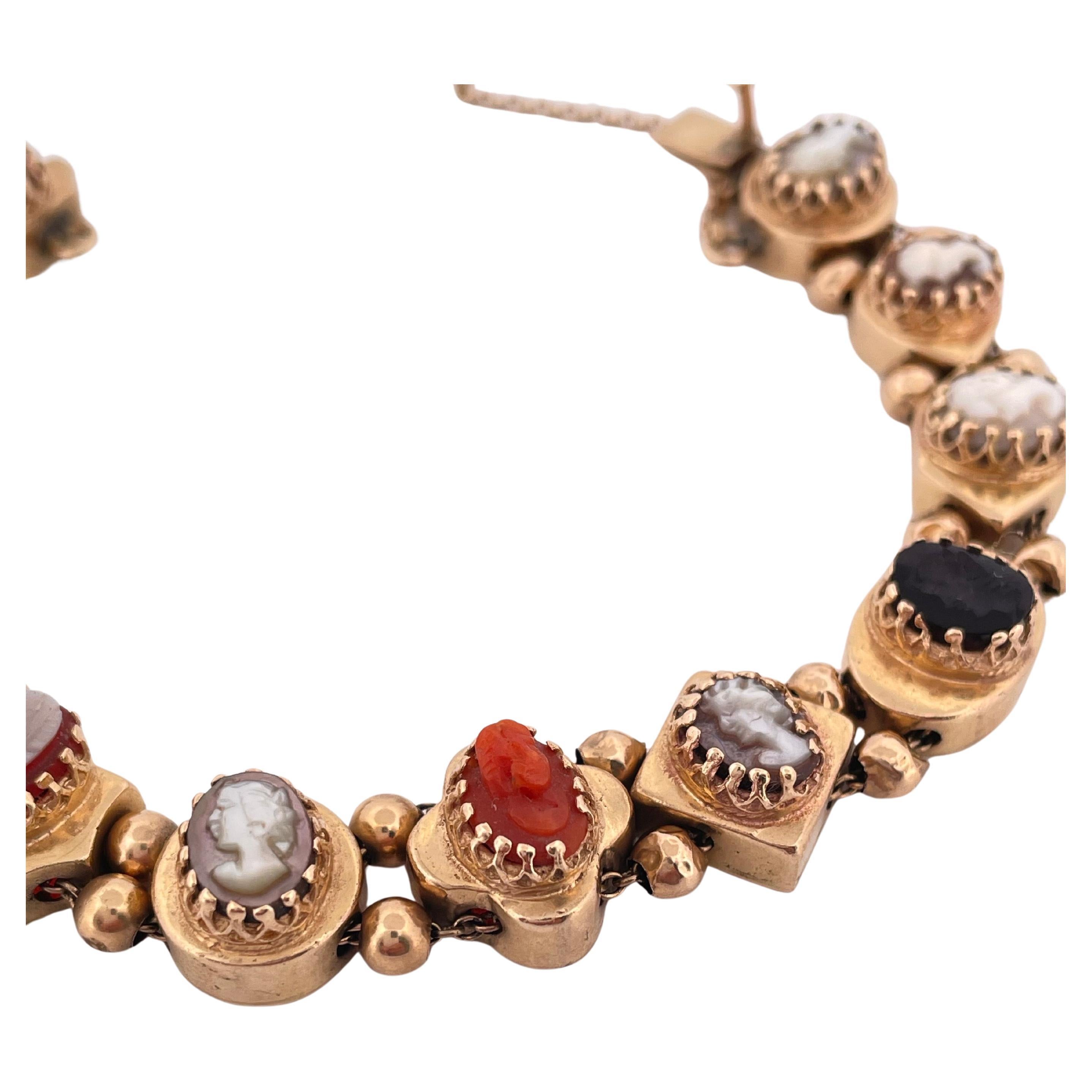 14k Yellow Gold Coral, Onyx, And Shell Slide Cameo Bracelet For Sale 1
