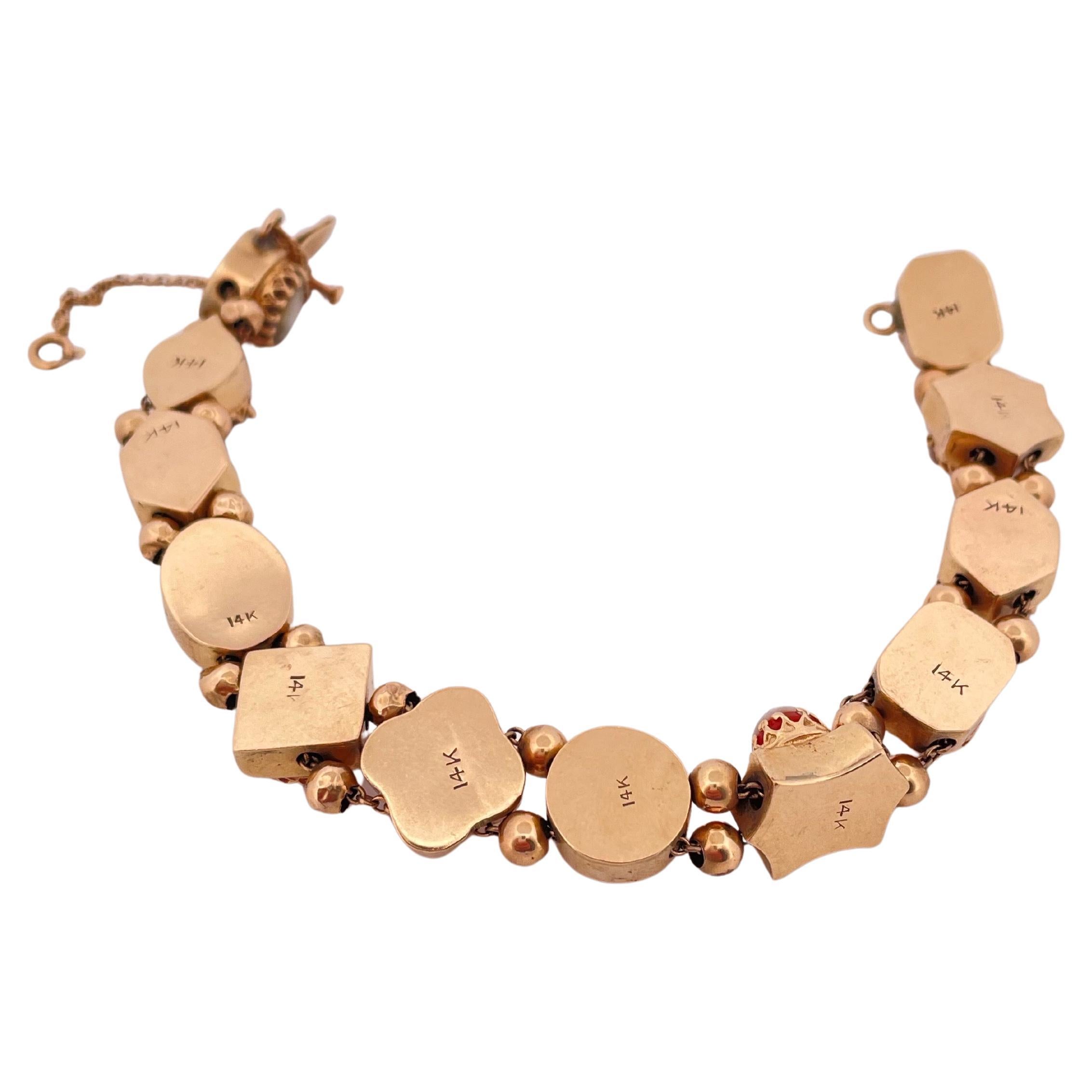 14k Yellow Gold Coral, Onyx, And Shell Slide Cameo Bracelet For Sale 2