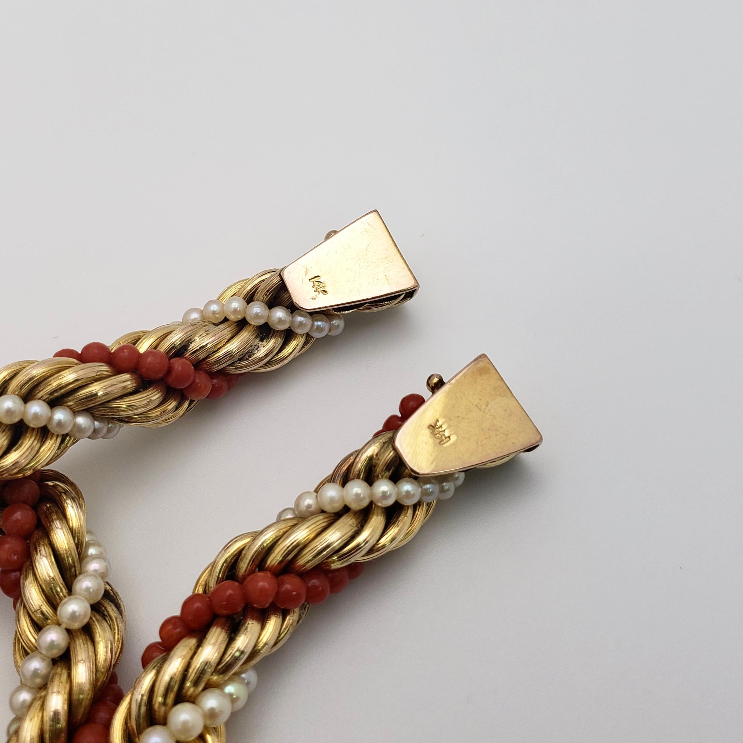 Halskette und Armband aus 14 Karat Gelbgold mit Koralle, Perle und Seil (zubehör)  für Damen oder Herren im Angebot