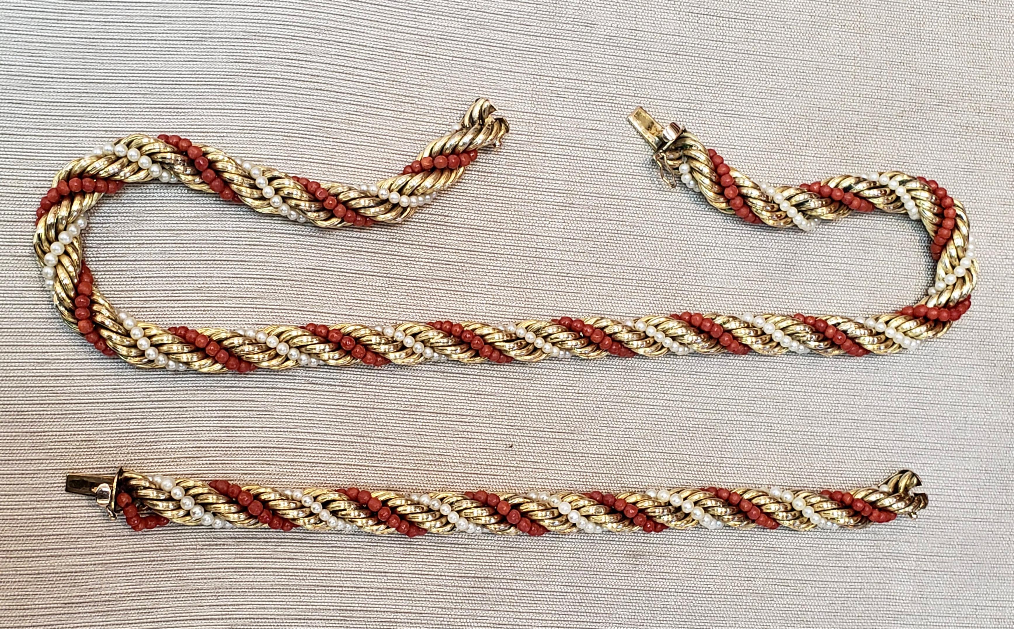Halskette und Armband aus 14 Karat Gelbgold mit Koralle, Perle und Seil (zubehör)  im Angebot 2