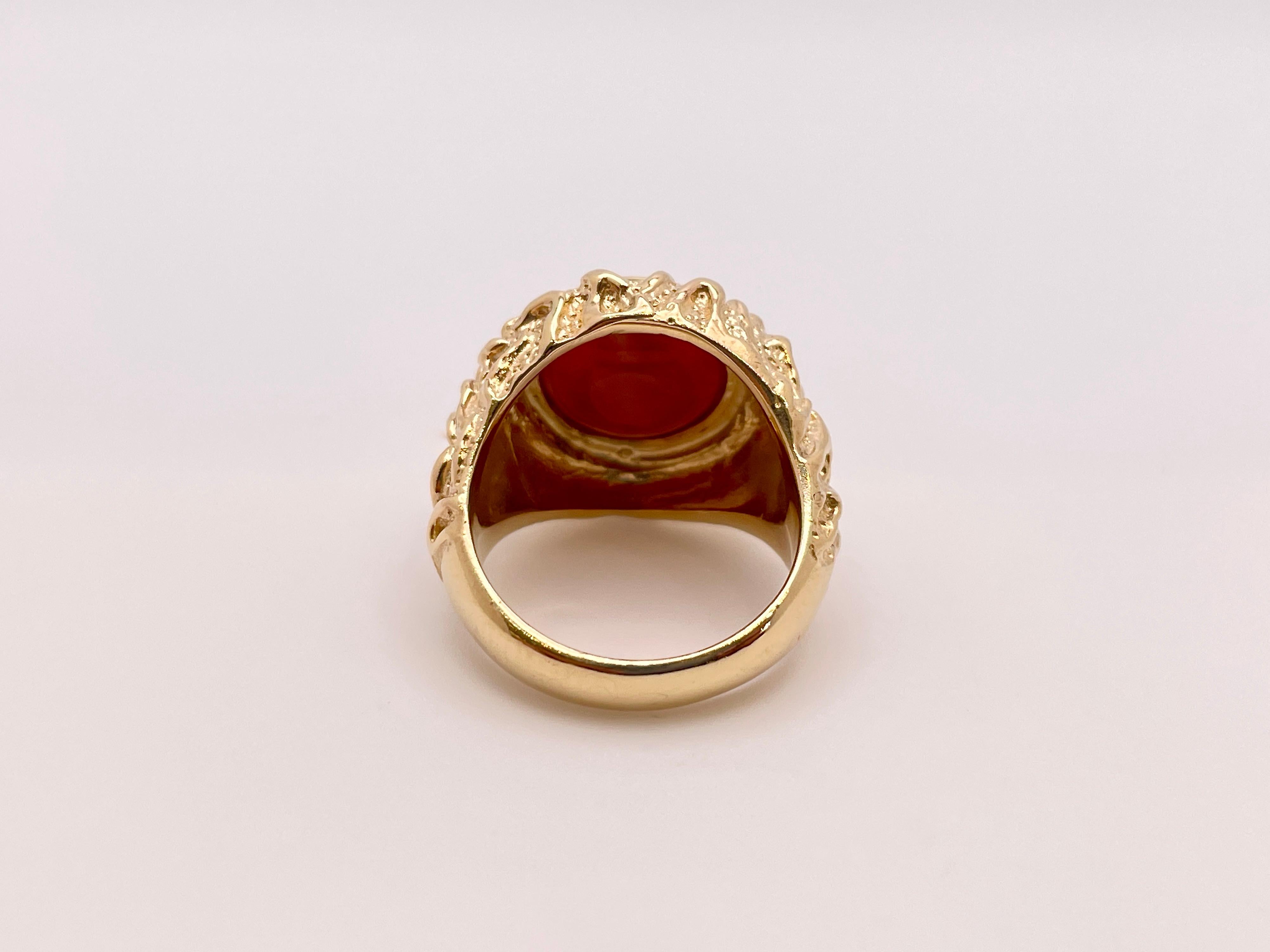 Women's or Men's 14K Yellow Gold 10 Carat Orange Coral Ring For Sale