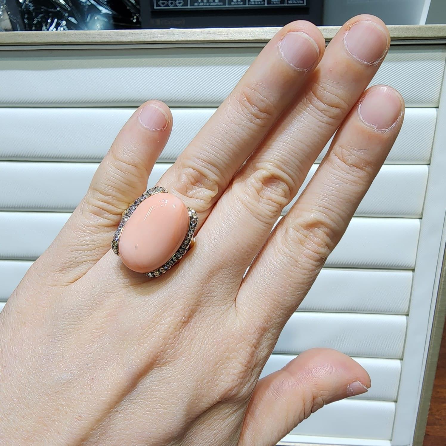 14K Yellow Gold Coral & Rose Cut Diamond Wave Ring – 21 Carats Coral In New Condition For Sale In Hong Kong, HK