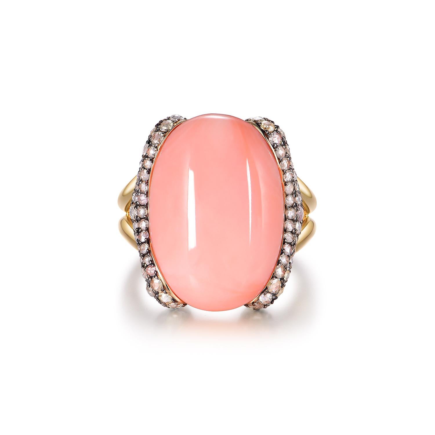 14K Yellow Gold Coral & Rose Cut Diamond Wave Ring – 21 Carats Coral For Sale 3