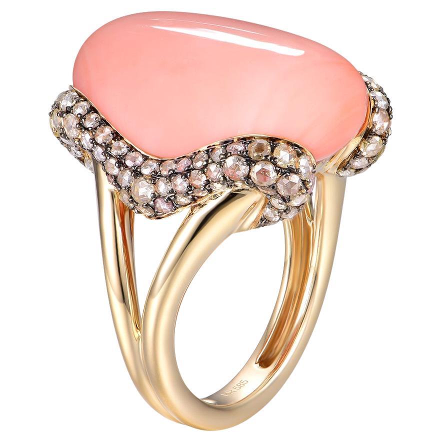 14K Yellow Gold Coral & Rose Cut Diamond Wave Ring – 21 Carats Coral For Sale