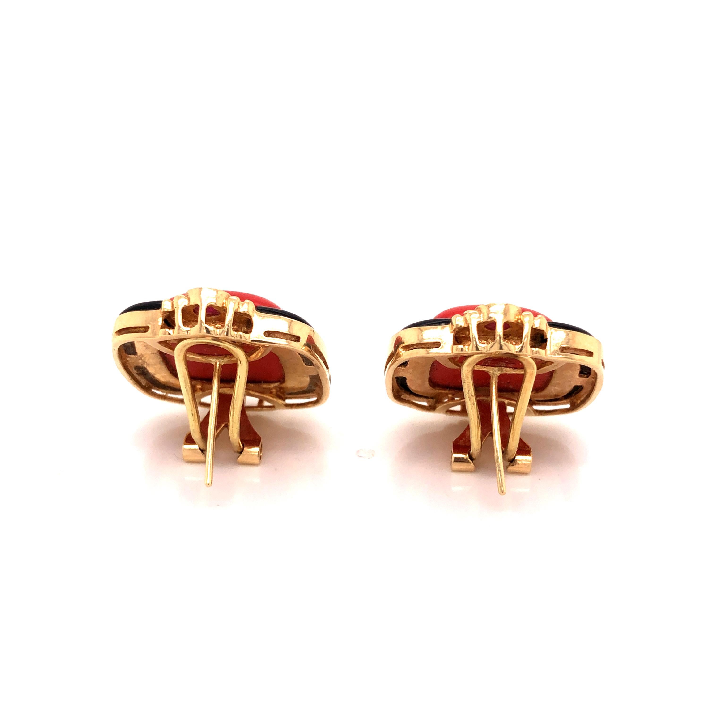 Princess Cut 14 Karat Yellow Gold Coral Ruby Earrings For Sale