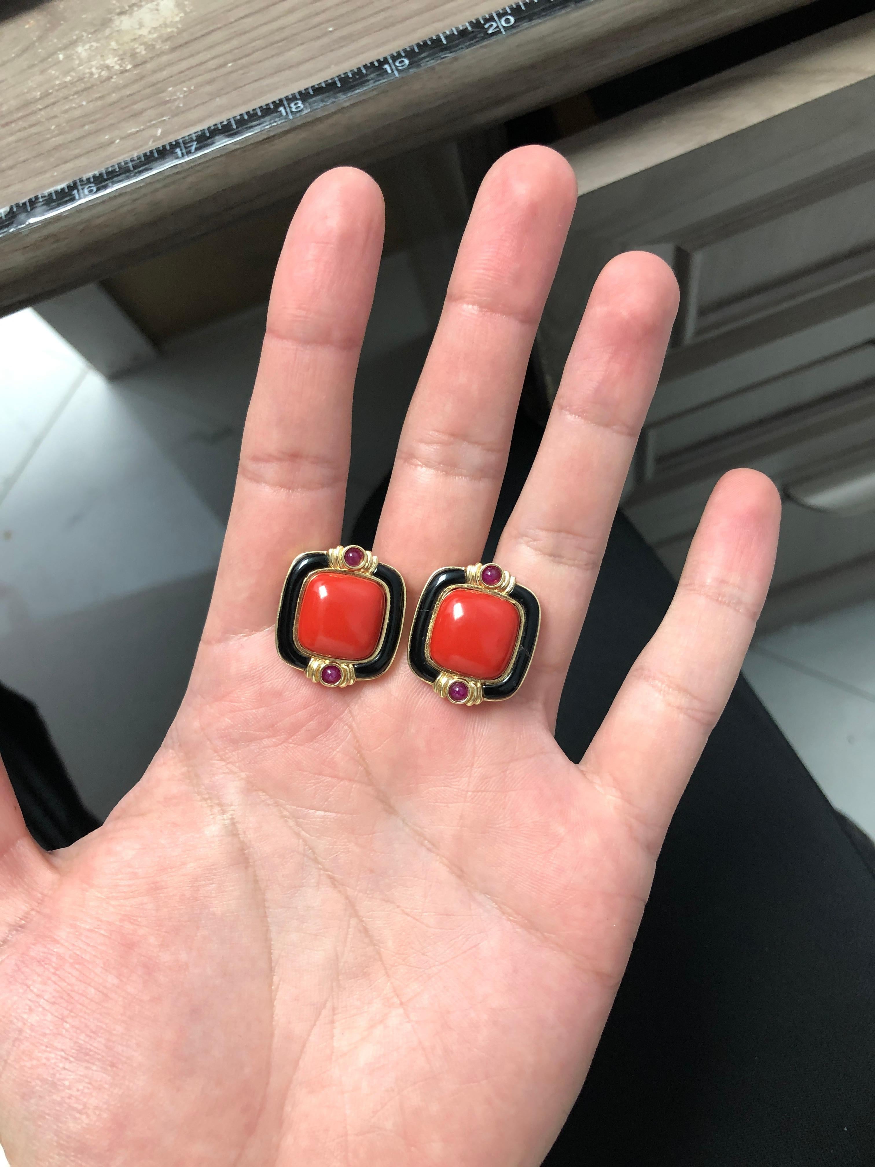 Women's 14 Karat Yellow Gold Coral Ruby Earrings For Sale
