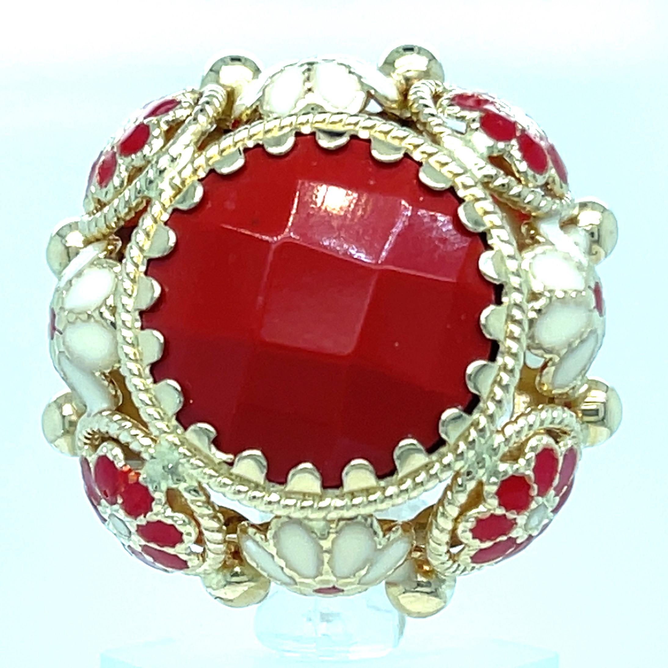 Bague solitaire en or jaune 14 carats et corail avec touches de fleurs en émail, taille 6,5 en vente 4