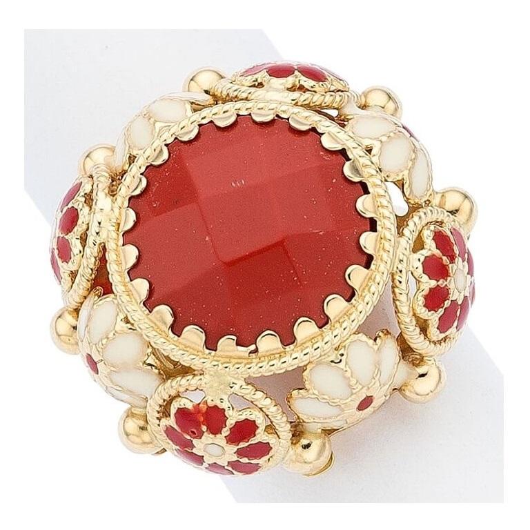 Women's or Men's 14k Yellow Gold & Coral Solitaire Ring with Enamel Flower Accents, Size 6.5 For Sale