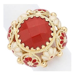 14k Yellow Gold & Coral Solitaire Ring with Enamel Flower Accents, Size 6.5