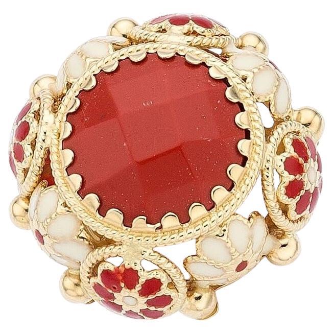 Bague solitaire en or jaune 14 carats et corail avec touches de fleurs en émail, taille 6,5