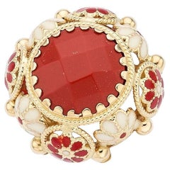14k Gelbgold & Koralle Solitär Ring mit Emaille-Blumen-Akzenten, Größe 6,5