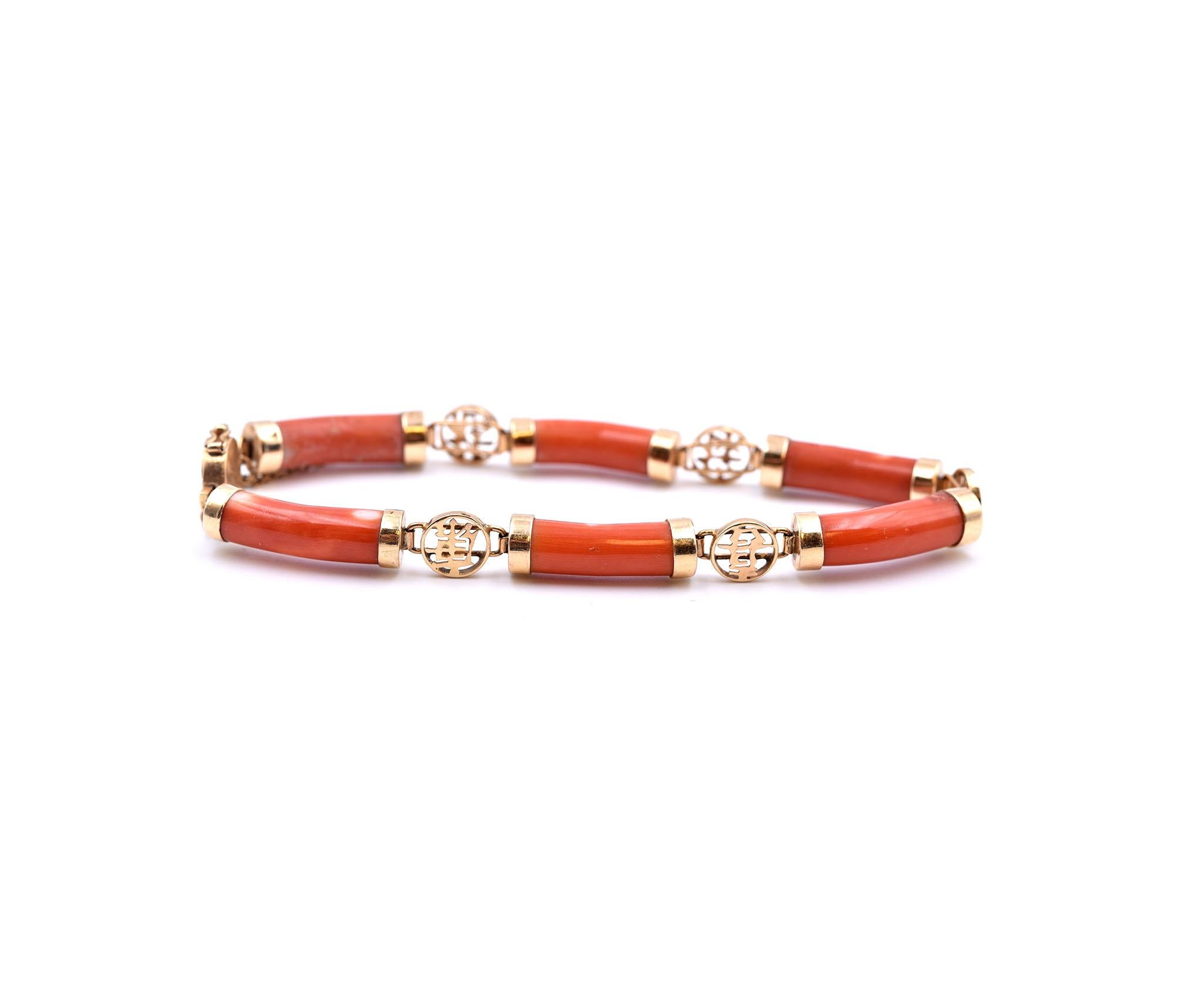 Designer: custom design
Material: 14k yellow gold
Gemstone: Coral
Dimensions: bracelet will fit a 7-inch wrist and measures 6.95mm wide
Weight: 19.2 grams
