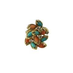 14K Yellow Gold Coral, Turquoise & Diamond Cluster Ring Size 5.5-5.75 #21928